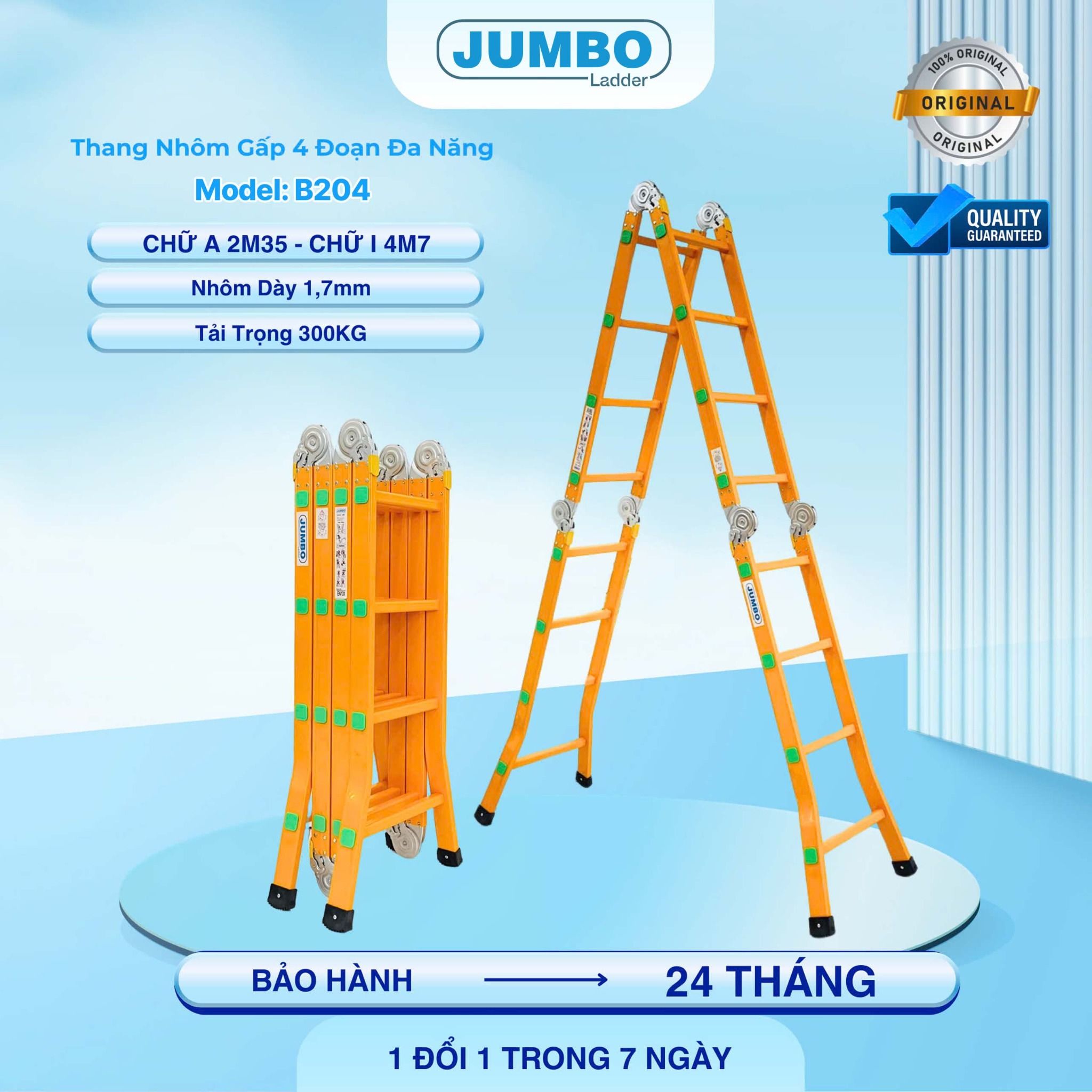 Thang nhôm gấp 4 đoạn JUMBO B204, chữ A cao 2.35m
