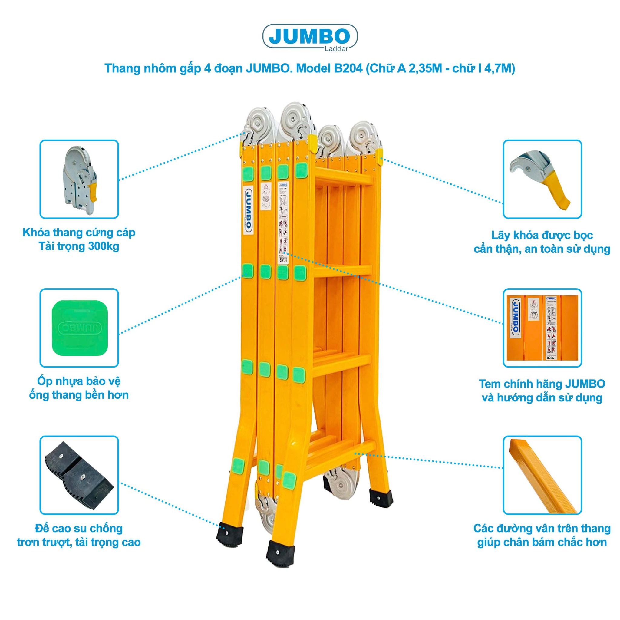 Thang nhôm gấp 4 đoạn JUMBO B204, chữ A cao 2.35m