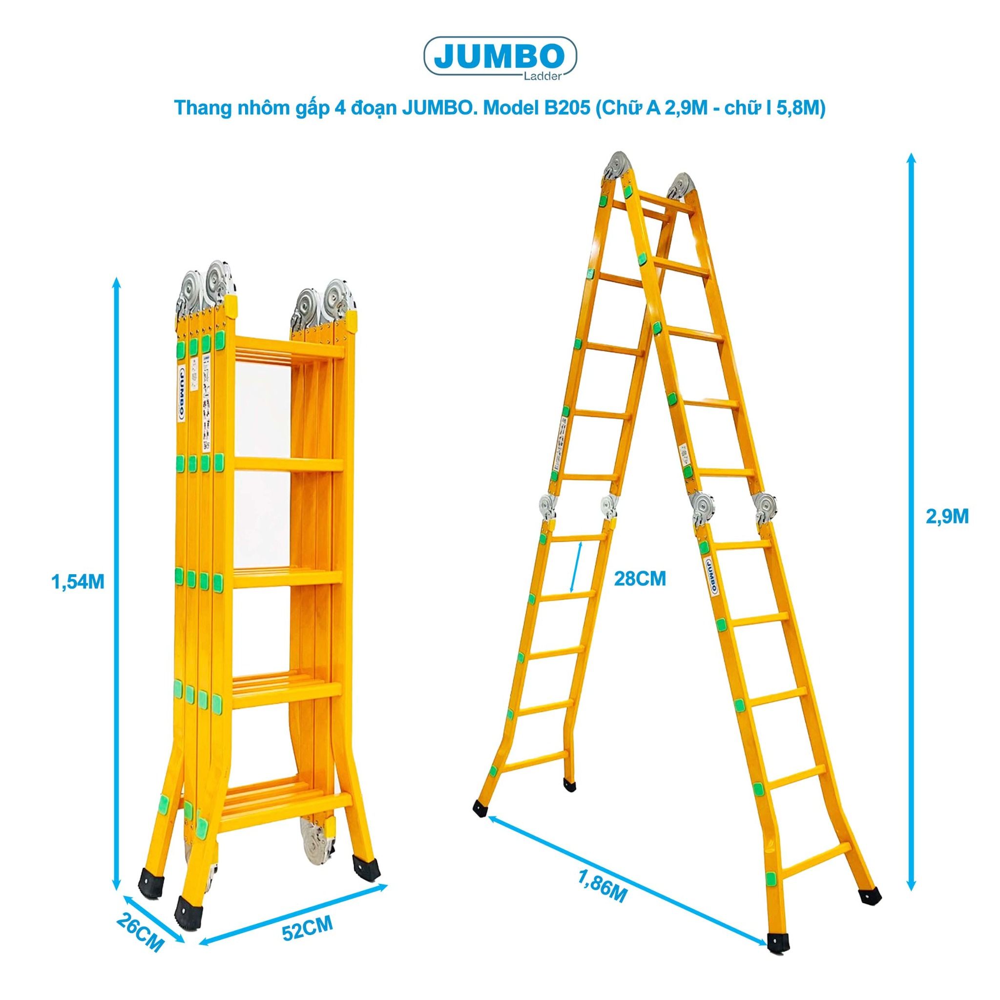 Thang nhôm gấp 4 đoạn JUMBO B205, chữ A cao 2.9m