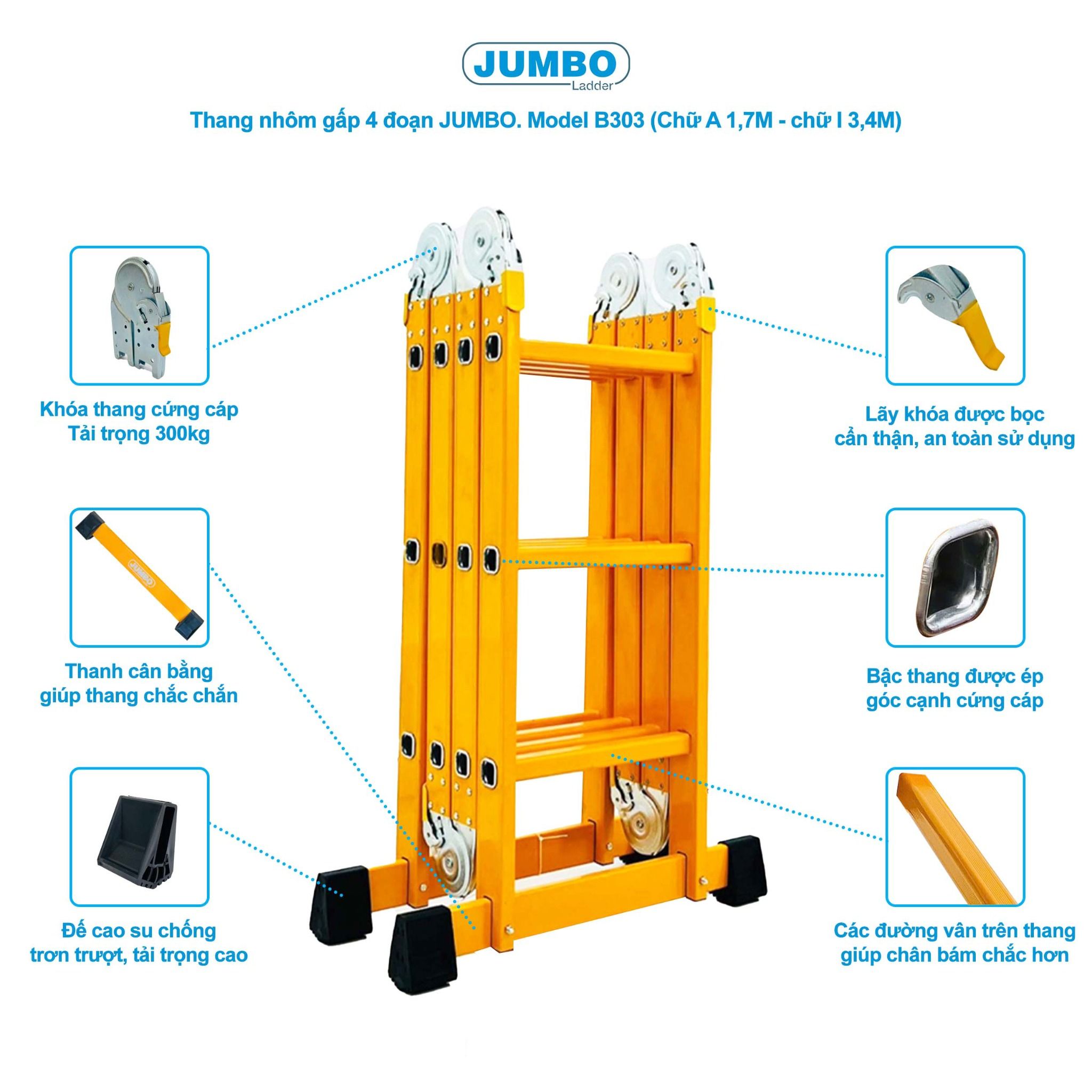 Thang nhôm gấp 4 đoạn JUMBO B303, chữ A cao 1.7m