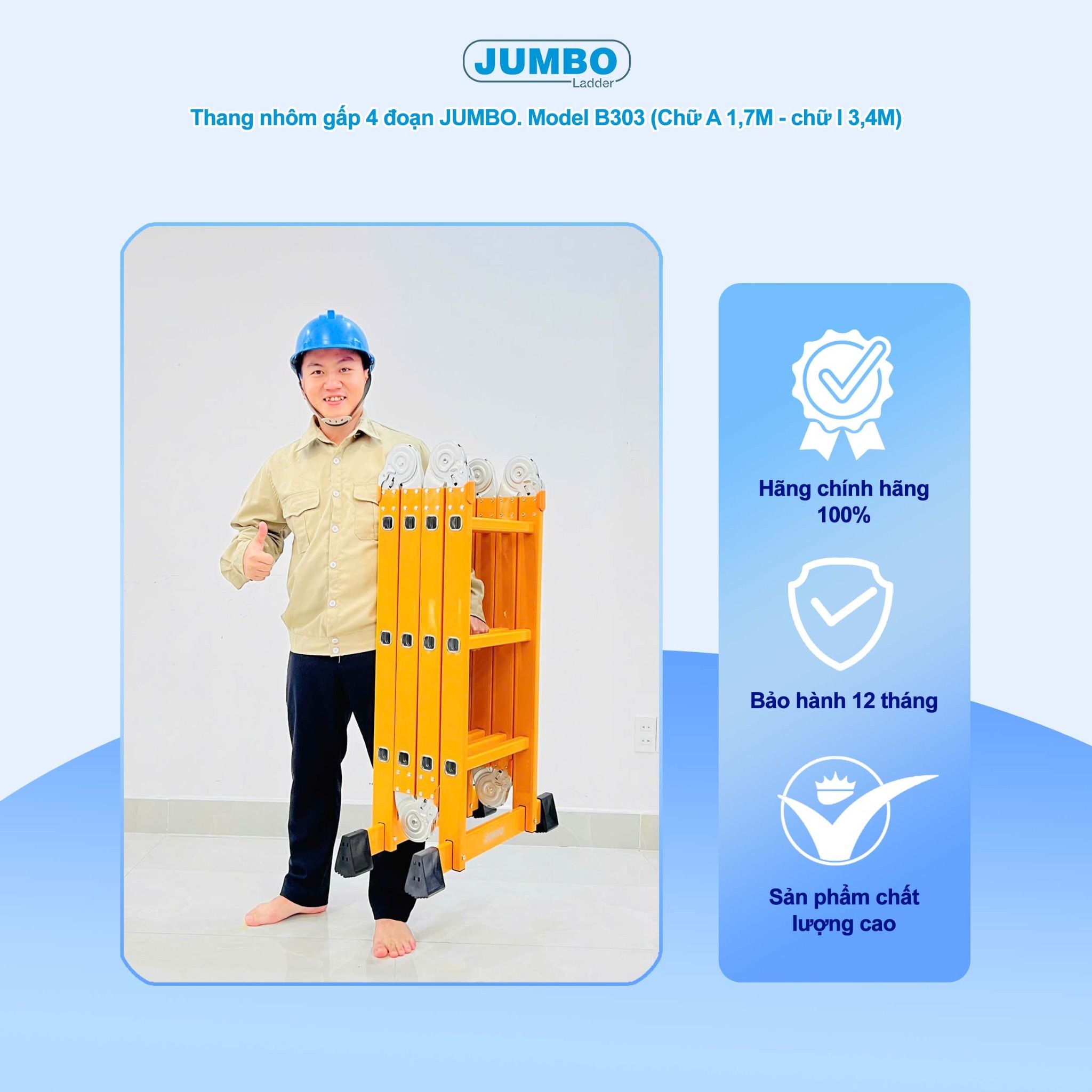 Thang nhôm gấp 4 đoạn JUMBO B303, chữ A cao 1.7m
