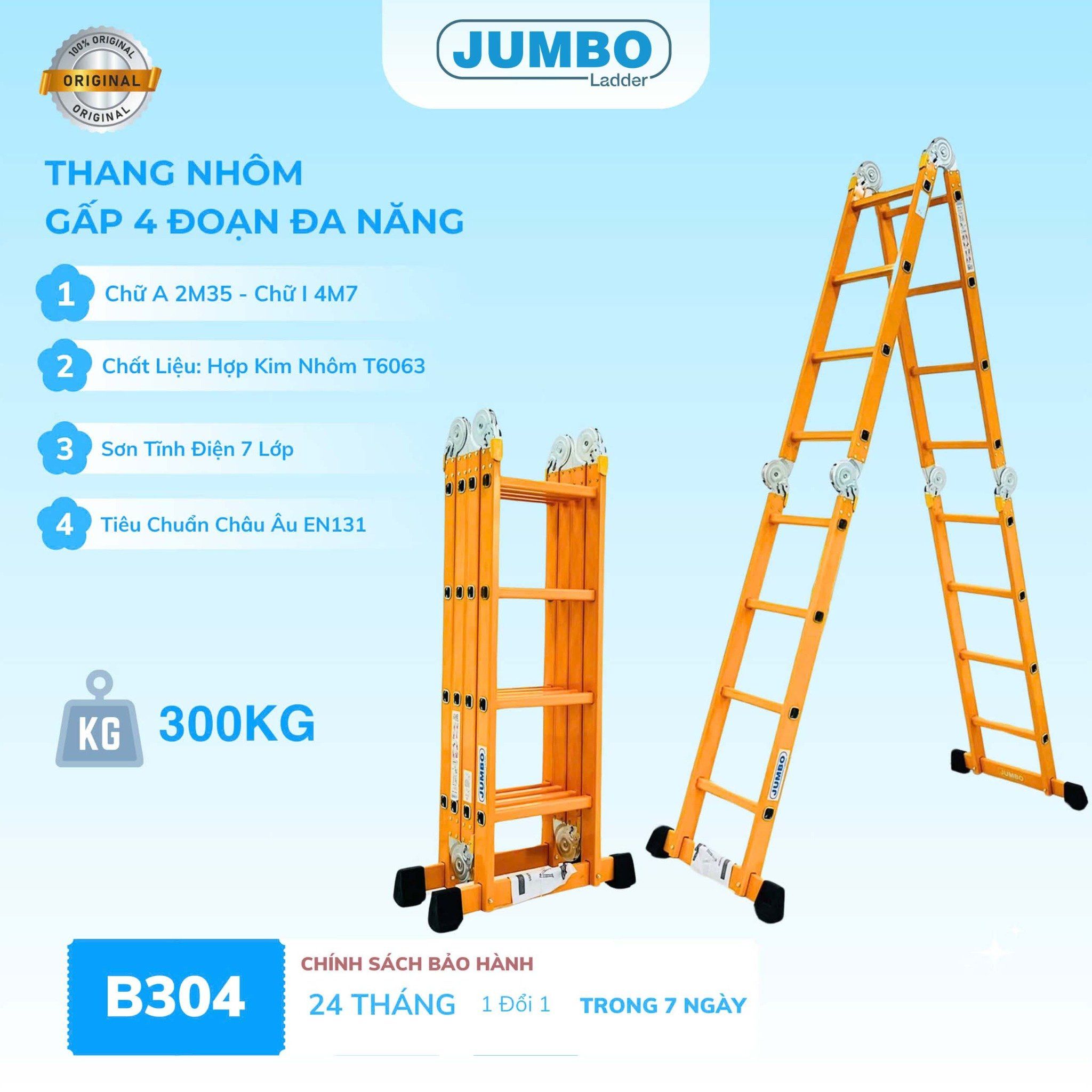 Thang nhôm gấp 4 đoạn JUMBO B304, chữ A cao 2.35m