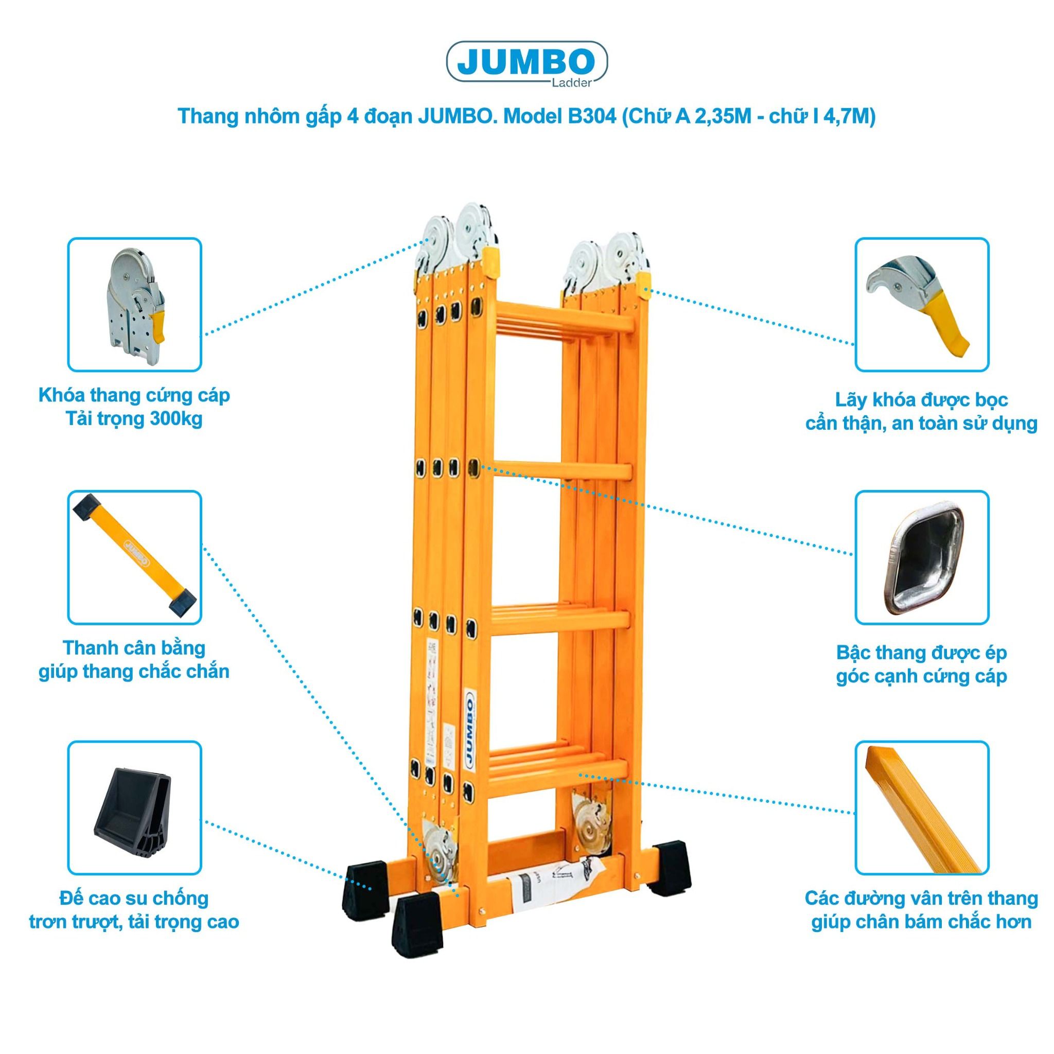 Thang nhôm gấp 4 đoạn JUMBO B304, chữ A cao 2.35m