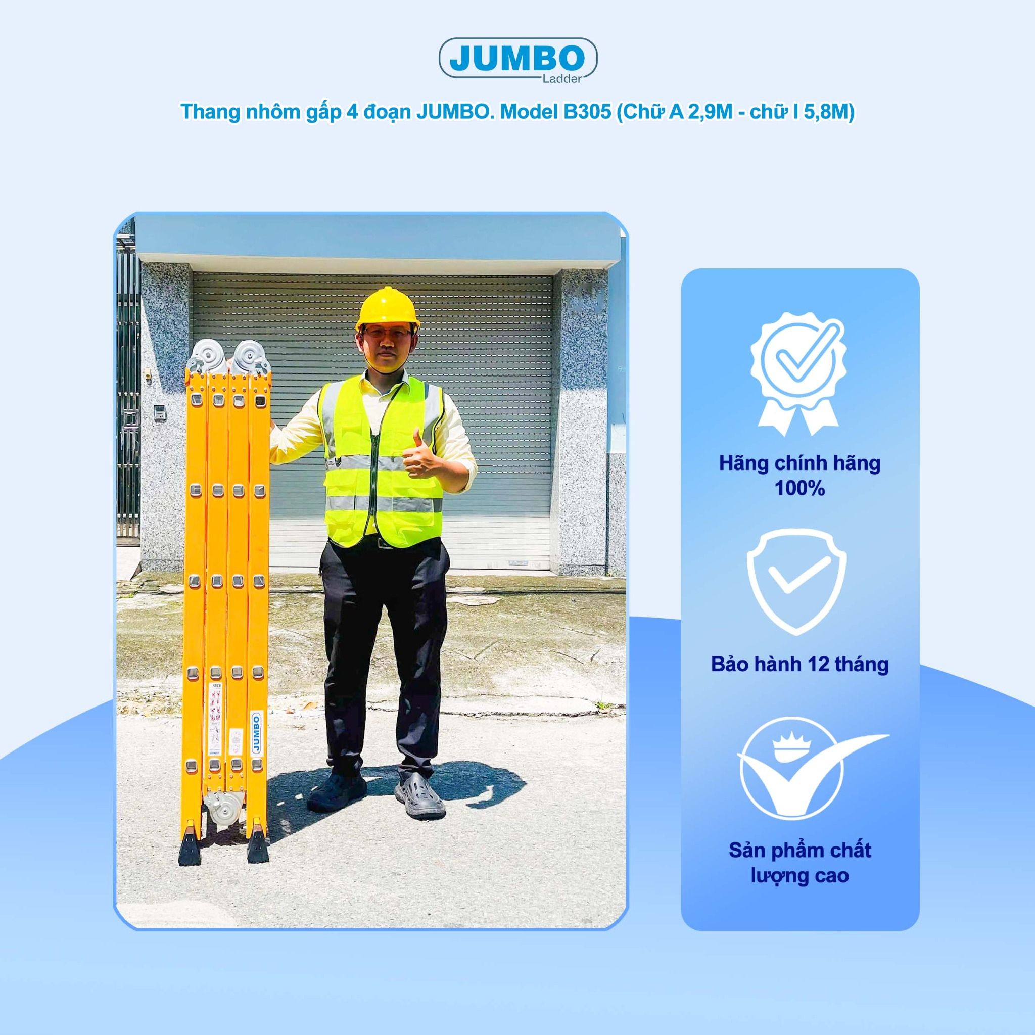 Thang nhôm gấp 4 đoạn JUMBO B305, chữ A cao 2.9m