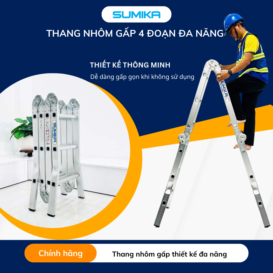 Thang nhôm gấp 4 đoạn SUMIKA SK603, chữ A cao 1.7m, chữ I cao 3.4m