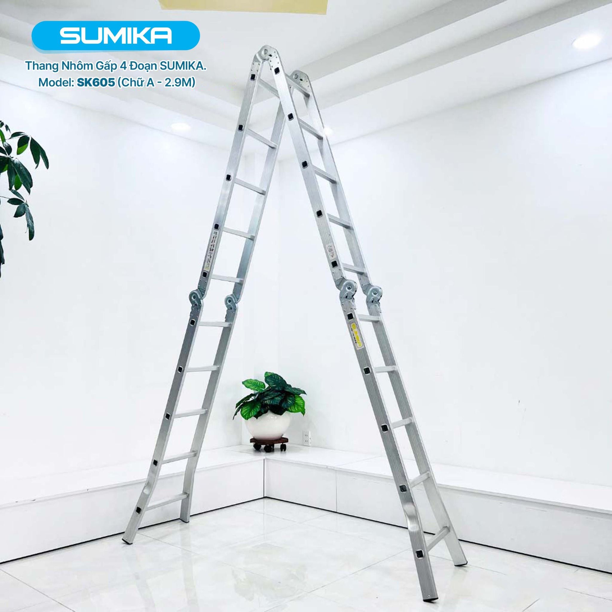 Thang nhôm gấp 4 đoạn SUMIKA SK605, chữ A cao 2.9m, chữ I cao 5.8m