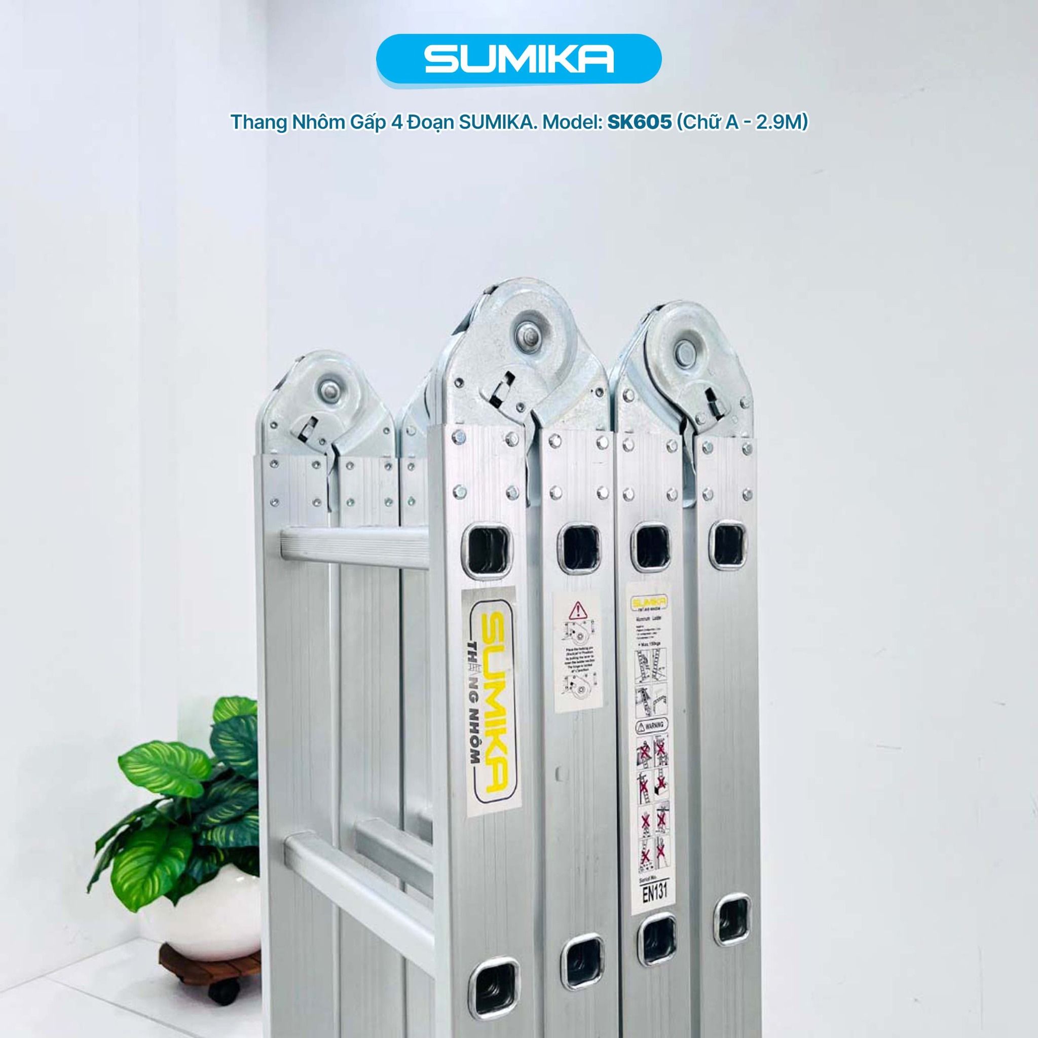 Thang nhôm gấp 4 đoạn SUMIKA SK605, chữ A cao 2.9m, chữ I cao 5.8m