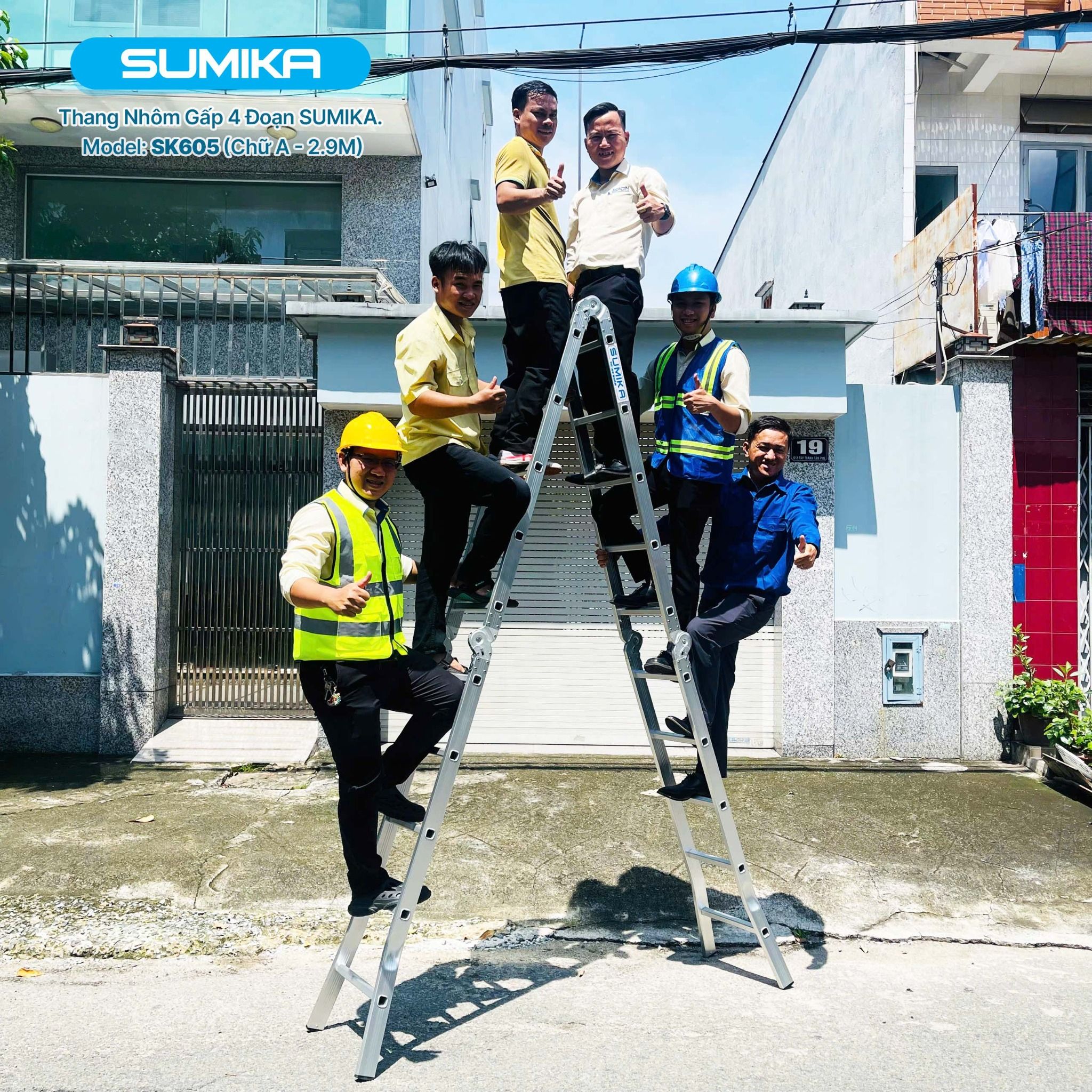 Thang nhôm gấp 4 đoạn SUMIKA SK605, chữ A cao 2.9m, chữ I cao 5.8m