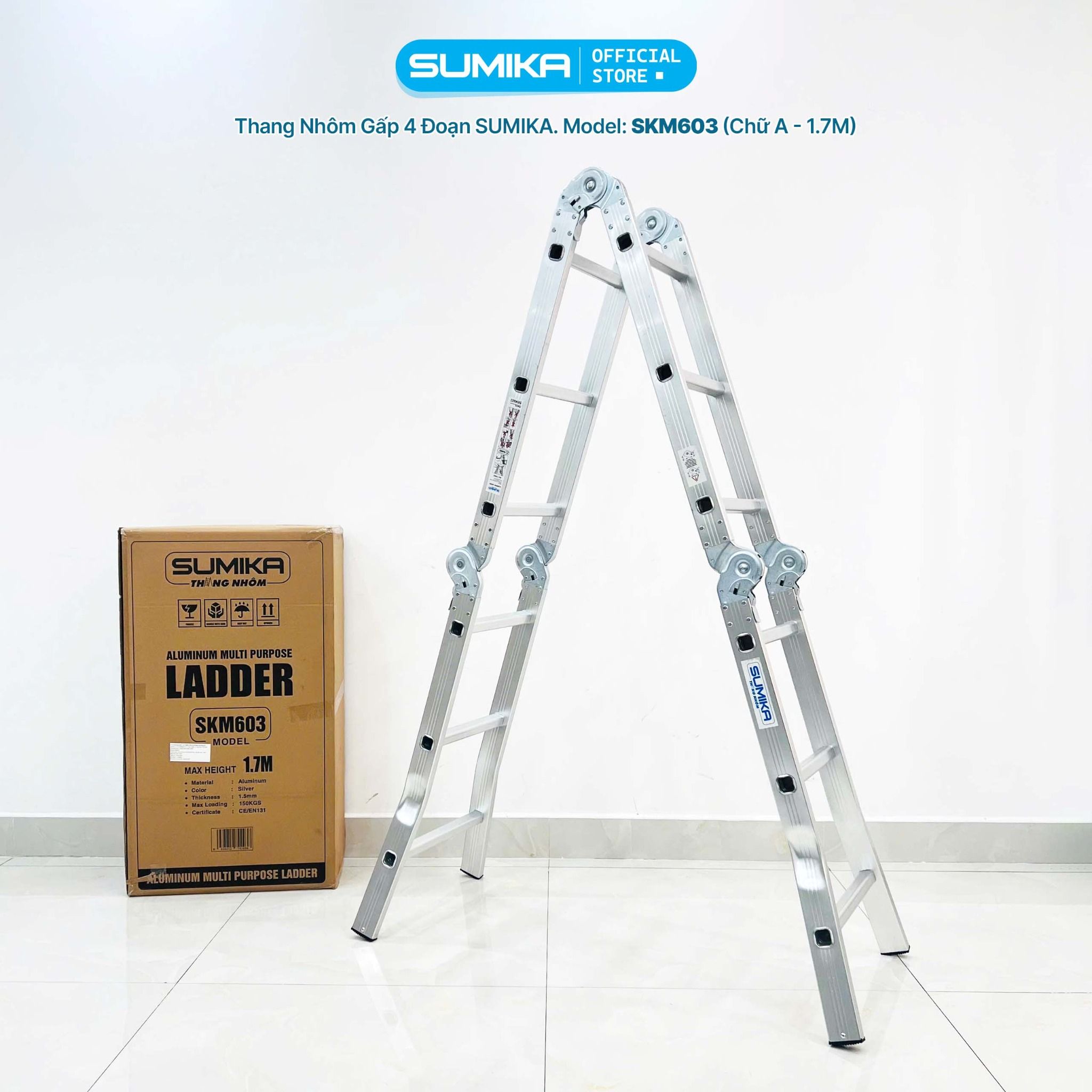 Thang nhôm gấp 4 đoạn SUMIKA SKM603, chữ A cao 1.7M