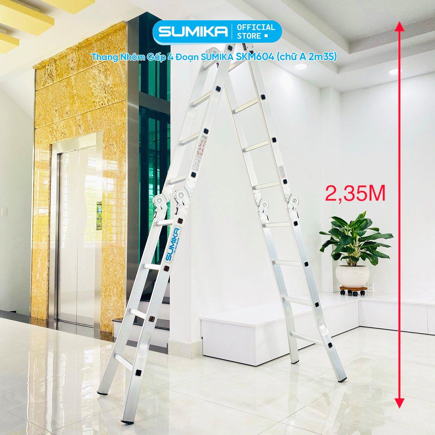 Thang nhôm gấp 4 đoạn SUMIKA SKM604, chữ A cao 2.35m