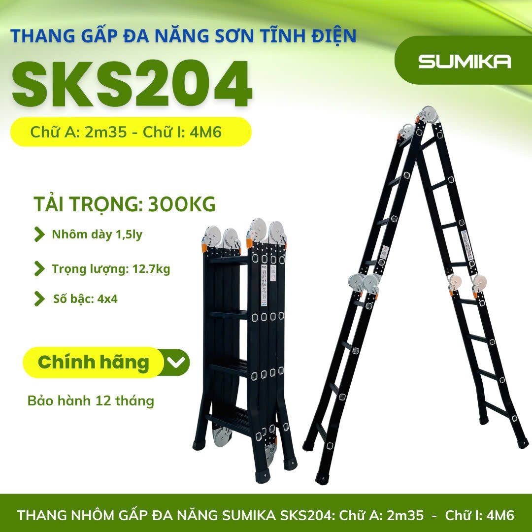 Thang nhôm gấp 4 đoạn SUMIKA SKS204, chữ A cao 2.35m