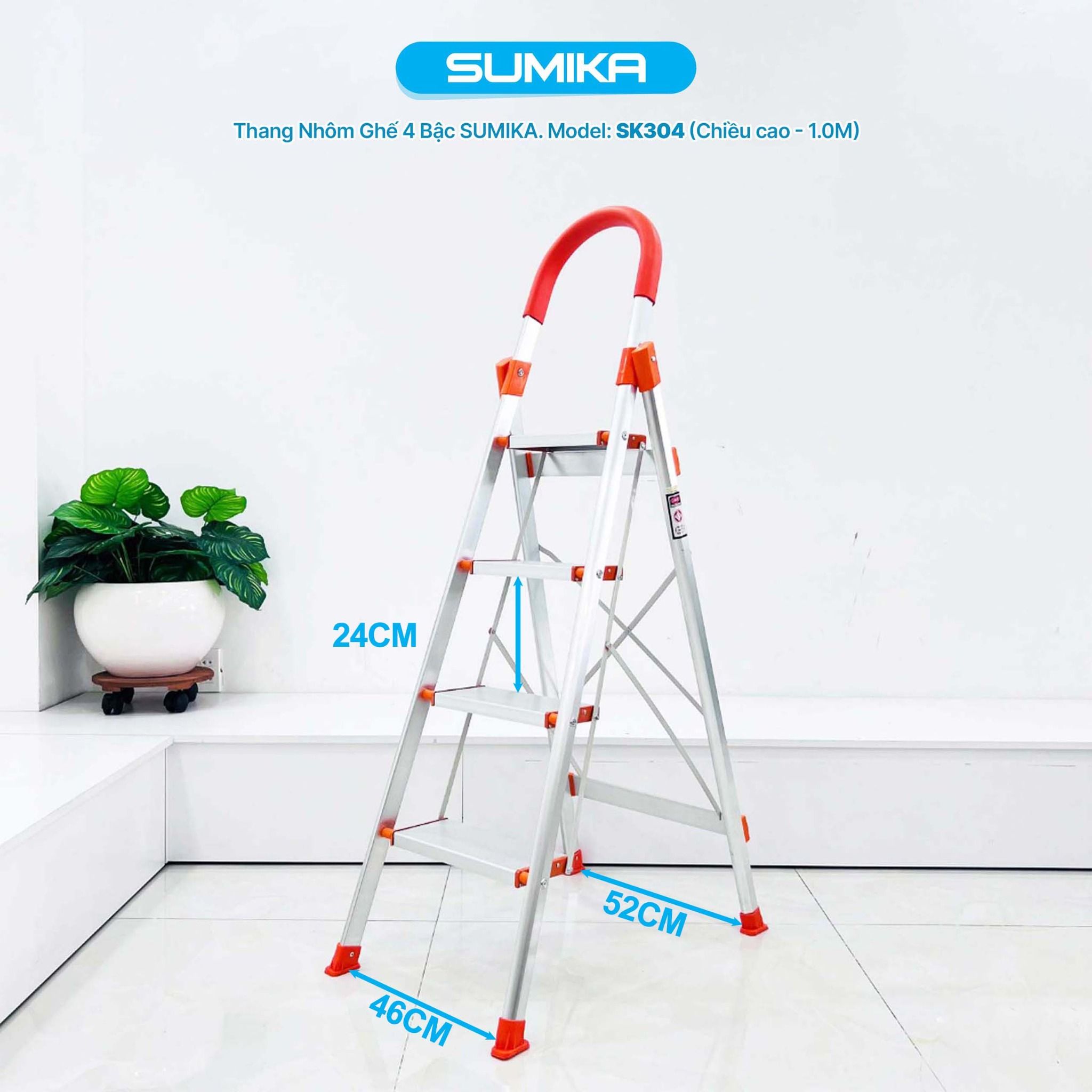 Thang nhôm ghế 4 bậc SUMIKA SK304, chiều cao 1.0m, tải trọng 150kg