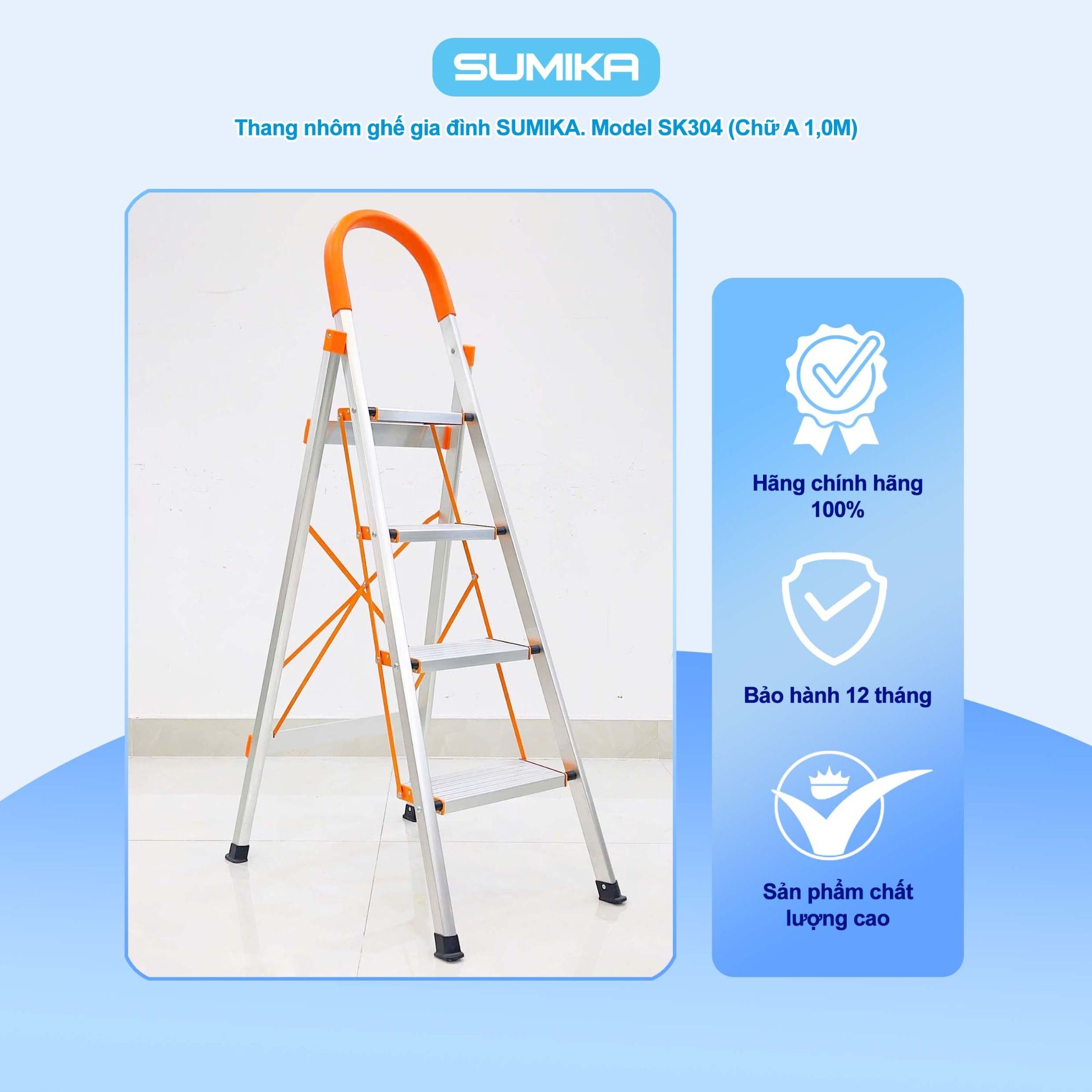 Thang nhôm ghế 4 bậc SUMIKA SK304, chiều cao 1.0m, tải trọng 150kg