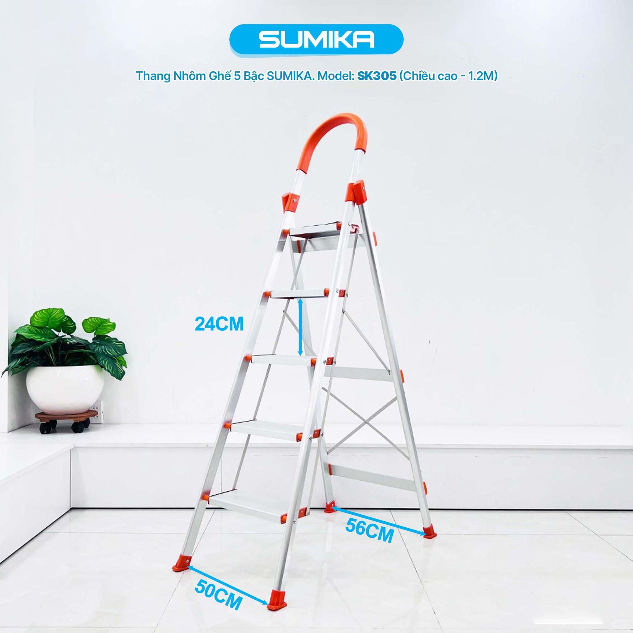 Thang nhôm ghế 5 bậc SUMIKA SK305, chiều cao 1.2m, tải trọng 150kg