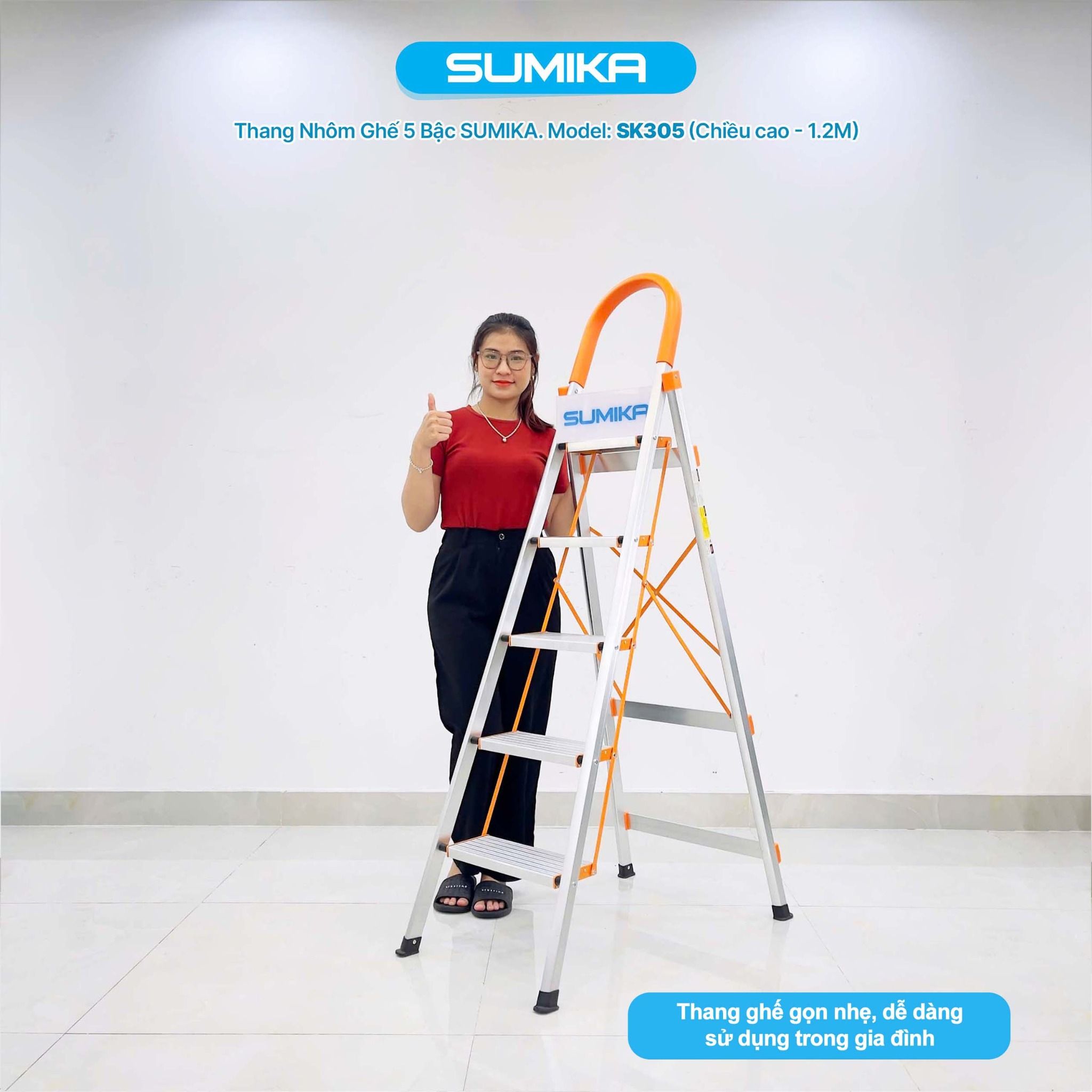 Thang nhôm ghế 5 bậc SUMIKA SK305, chiều cao 1.2m, tải trọng 150kg