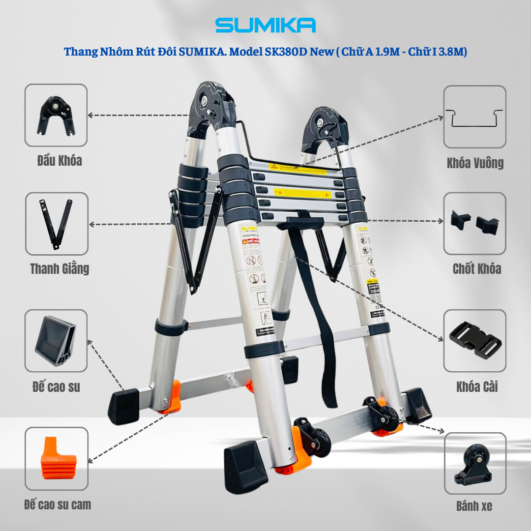 Thang nhôm rút đôi SUMIKA SK380D NEW, chiều cao 1.9M