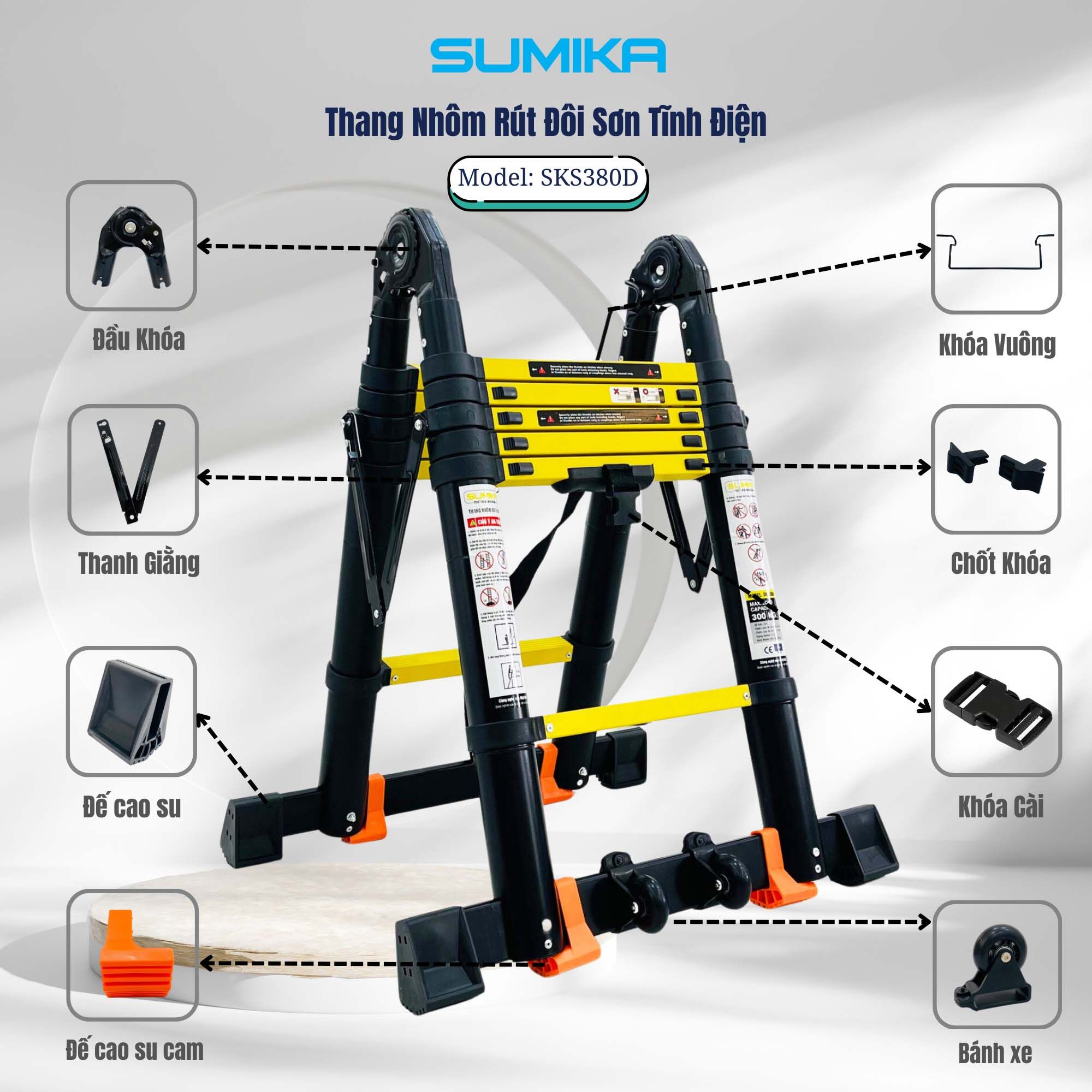 Thang nhôm rút đôi SUMIKA SKS380D, sơn tĩnh điện, chiều cao 1.9M