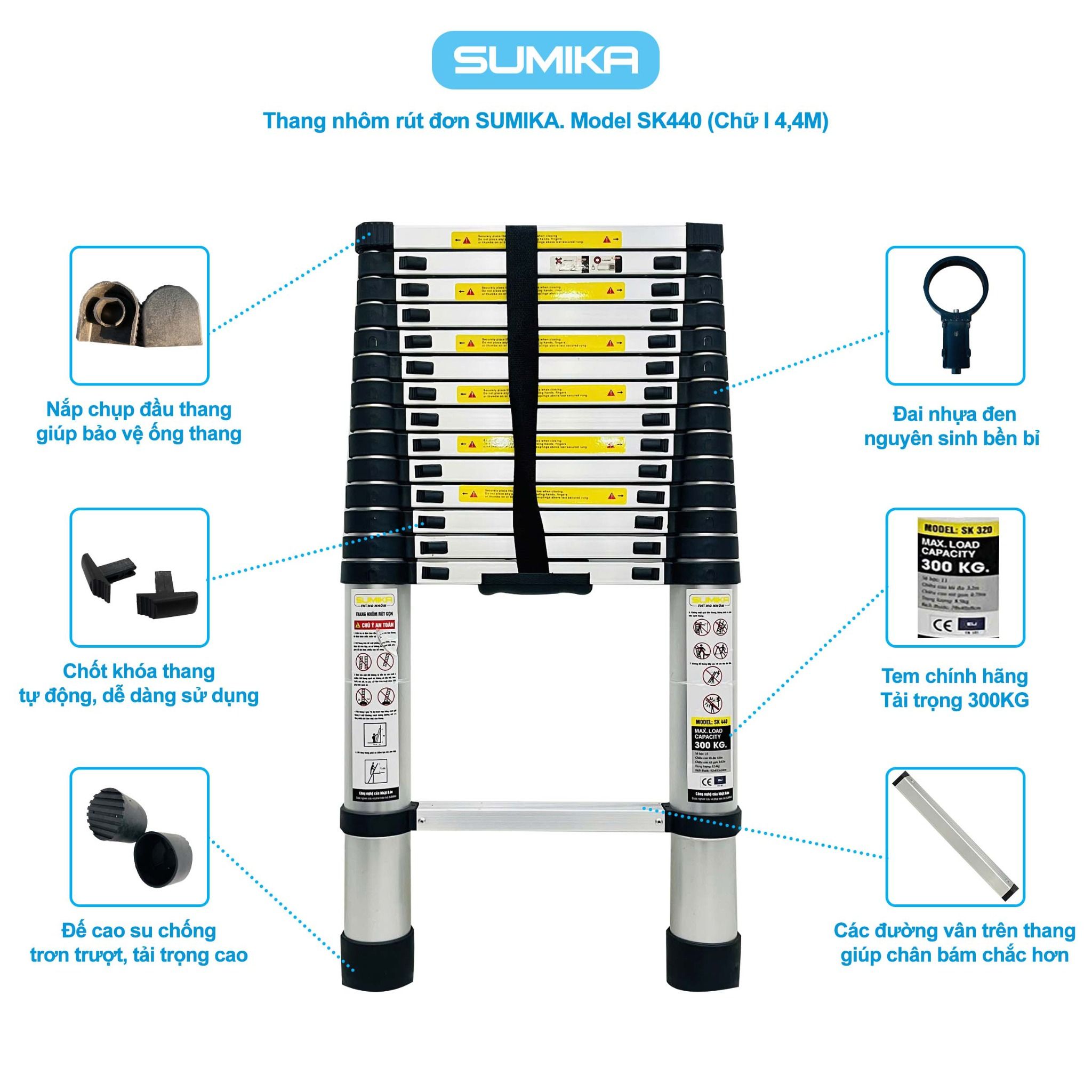 Thang nhôm rút đơn SUMIKA SK440, chiều cao 4.4m