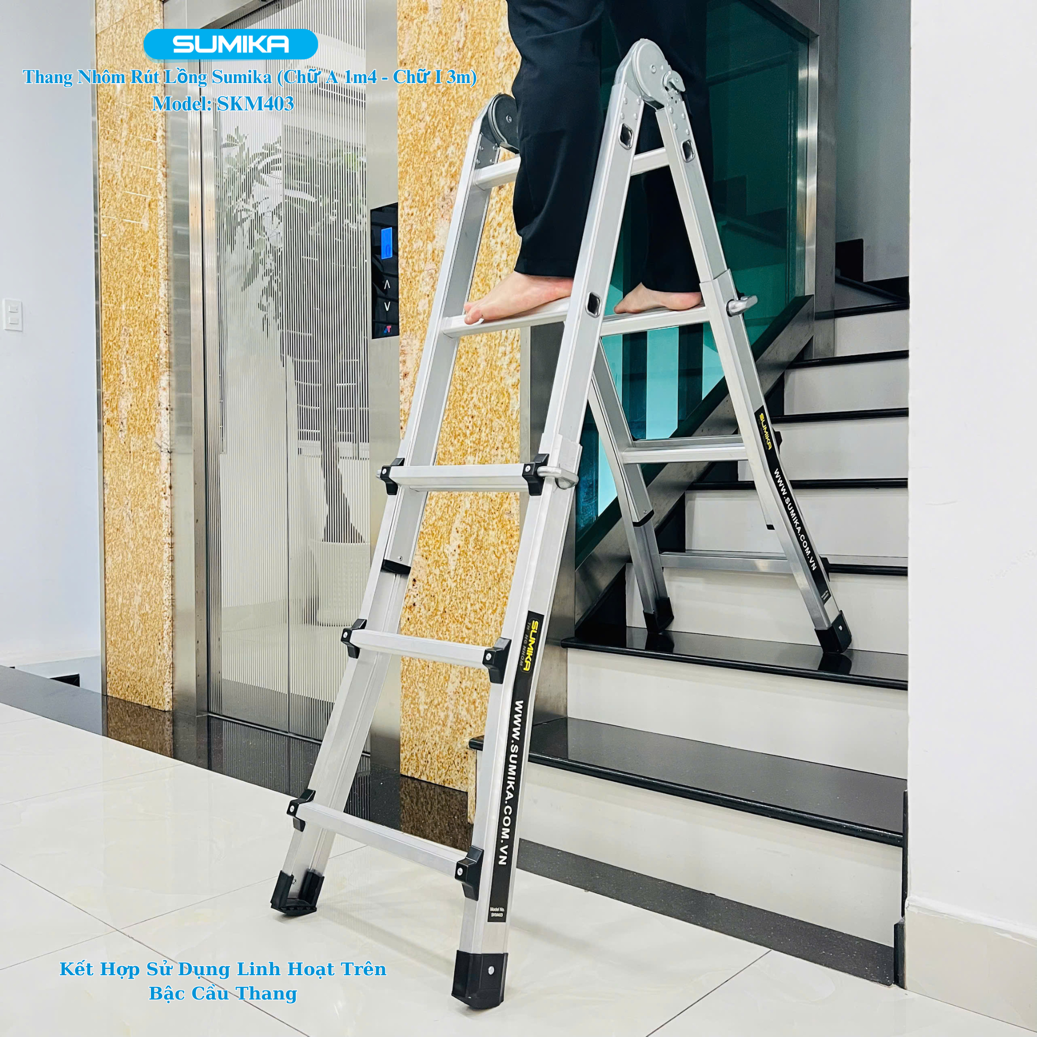 Thang nhôm chữ A rút lồng SUMIKA SKM403, chữ A cao nhất 1.4m