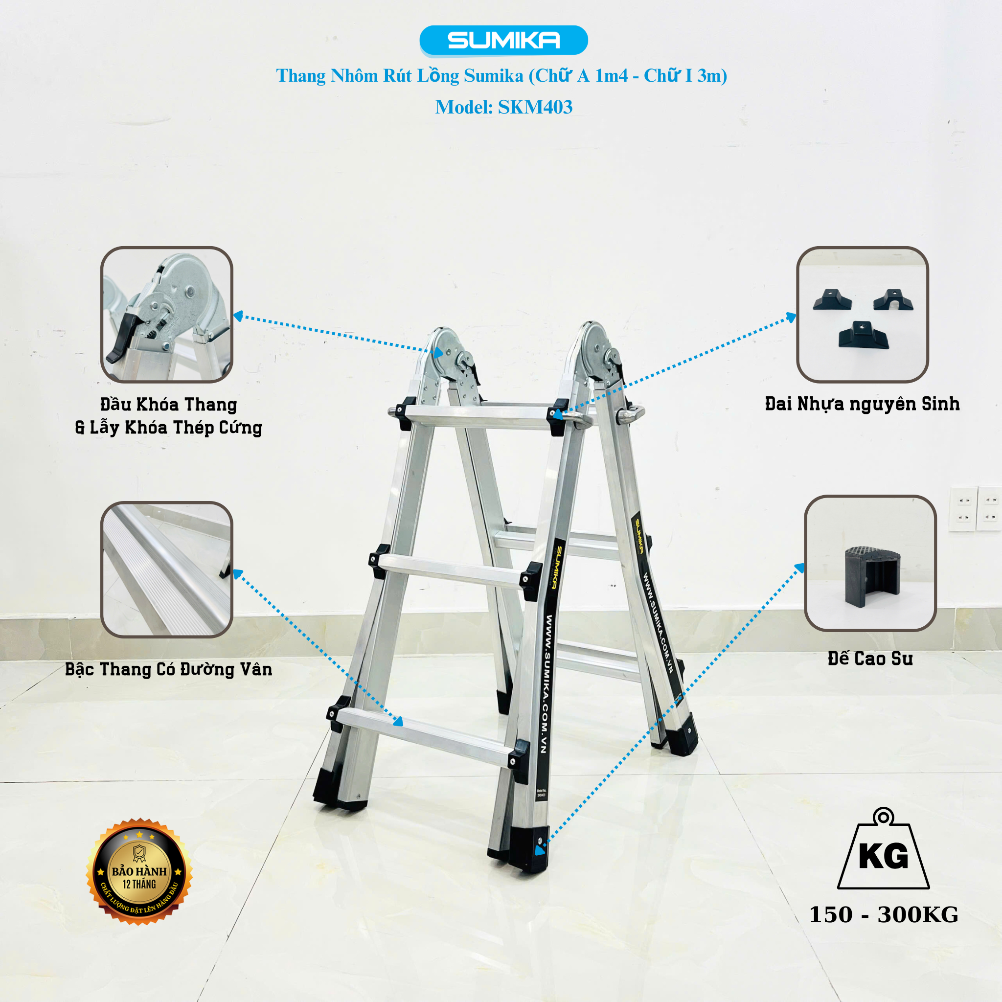 Thang nhôm chữ A rút lồng SUMIKA SKM403, chữ A cao nhất 1.4m