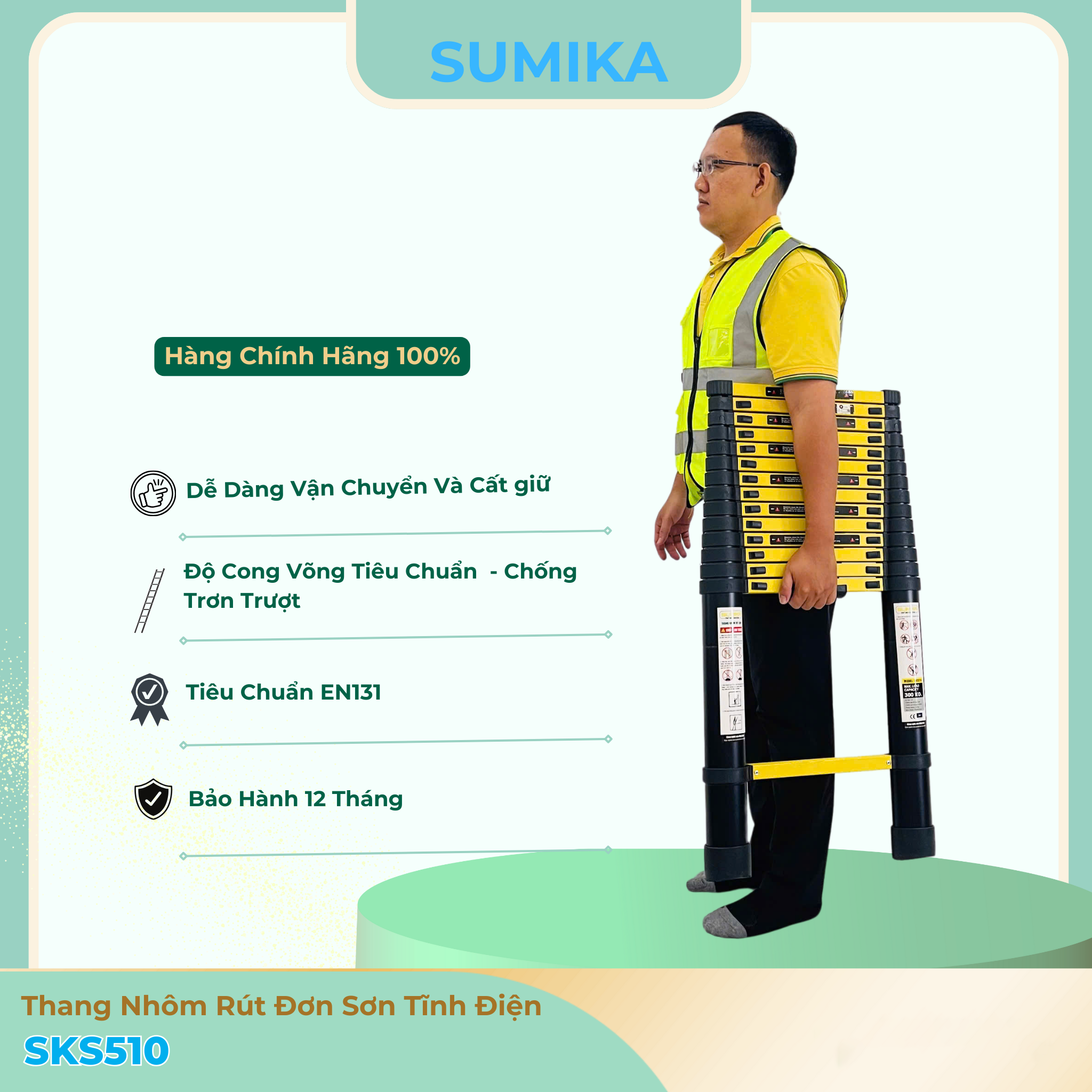 Thang nhôm rút gọn Sumika SKS510, sơn tĩnh điện, chiều cao 5.1m