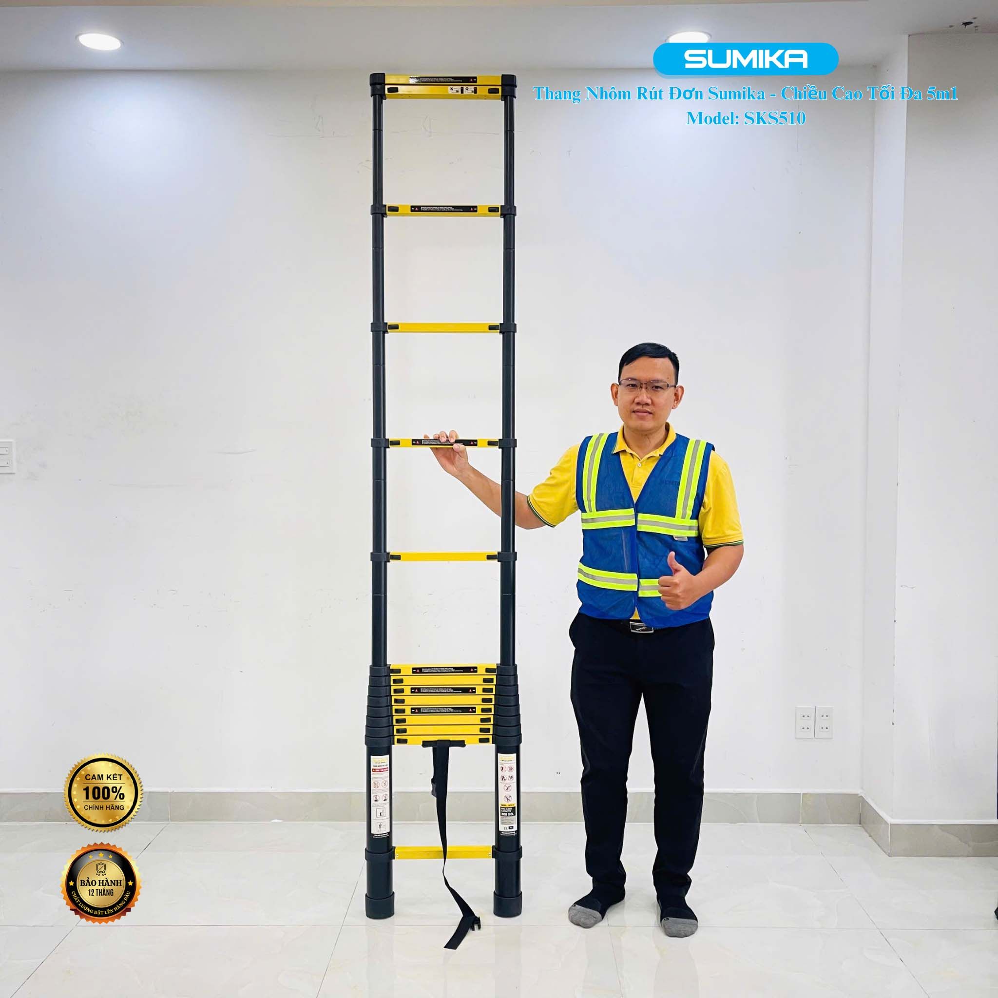 Thang nhôm rút gọn Sumika SKS510, sơn tĩnh điện, chiều cao 5.1m