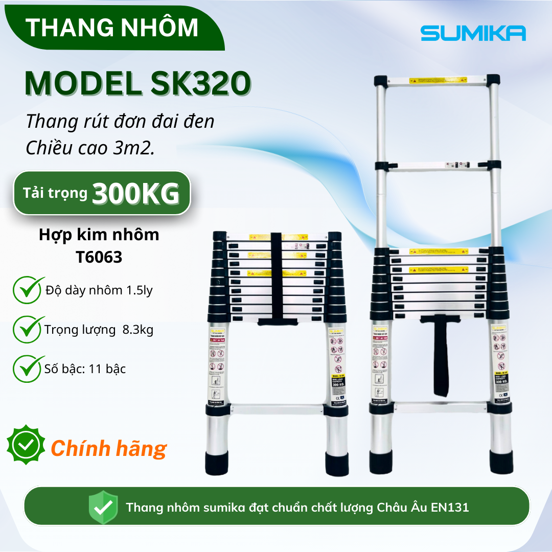 Thang nhôm rút đơn SUMIKA SK320, chiều cao 3.2m