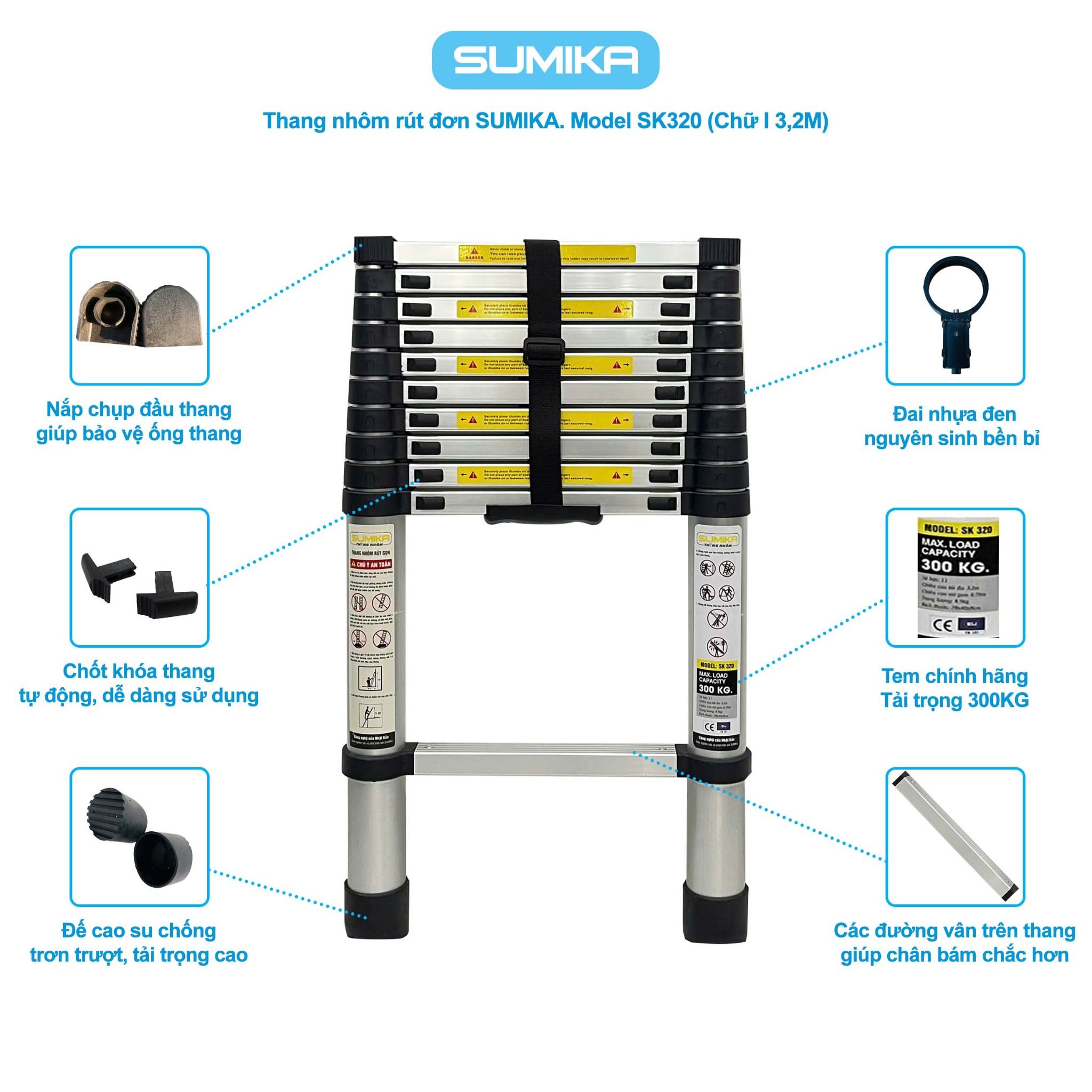 Thang nhôm rút đơn SUMIKA SK320, chiều cao 3.2m