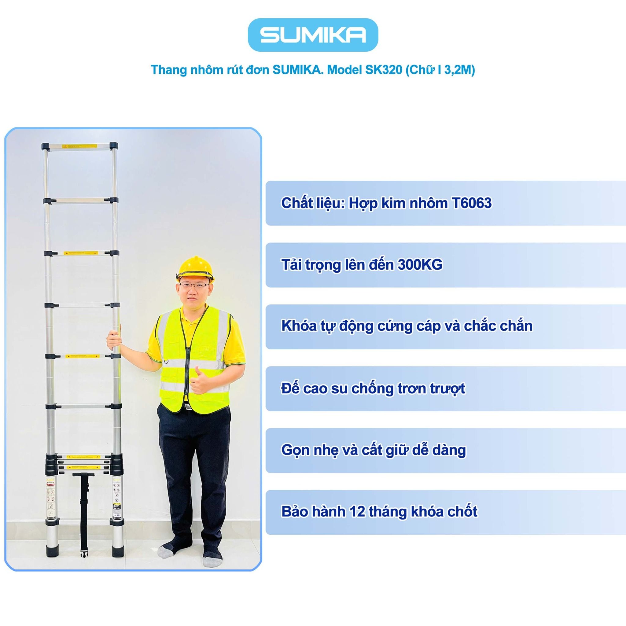 Thang nhôm rút đơn SUMIKA SK320, chiều cao 3.2m