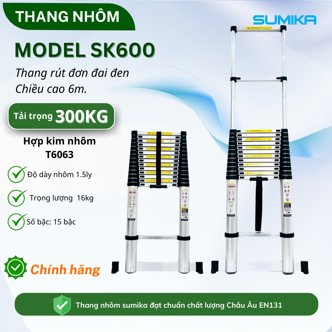 Thang rút nhôm Sumika SK600, đai đen, chiều cao 6.0m