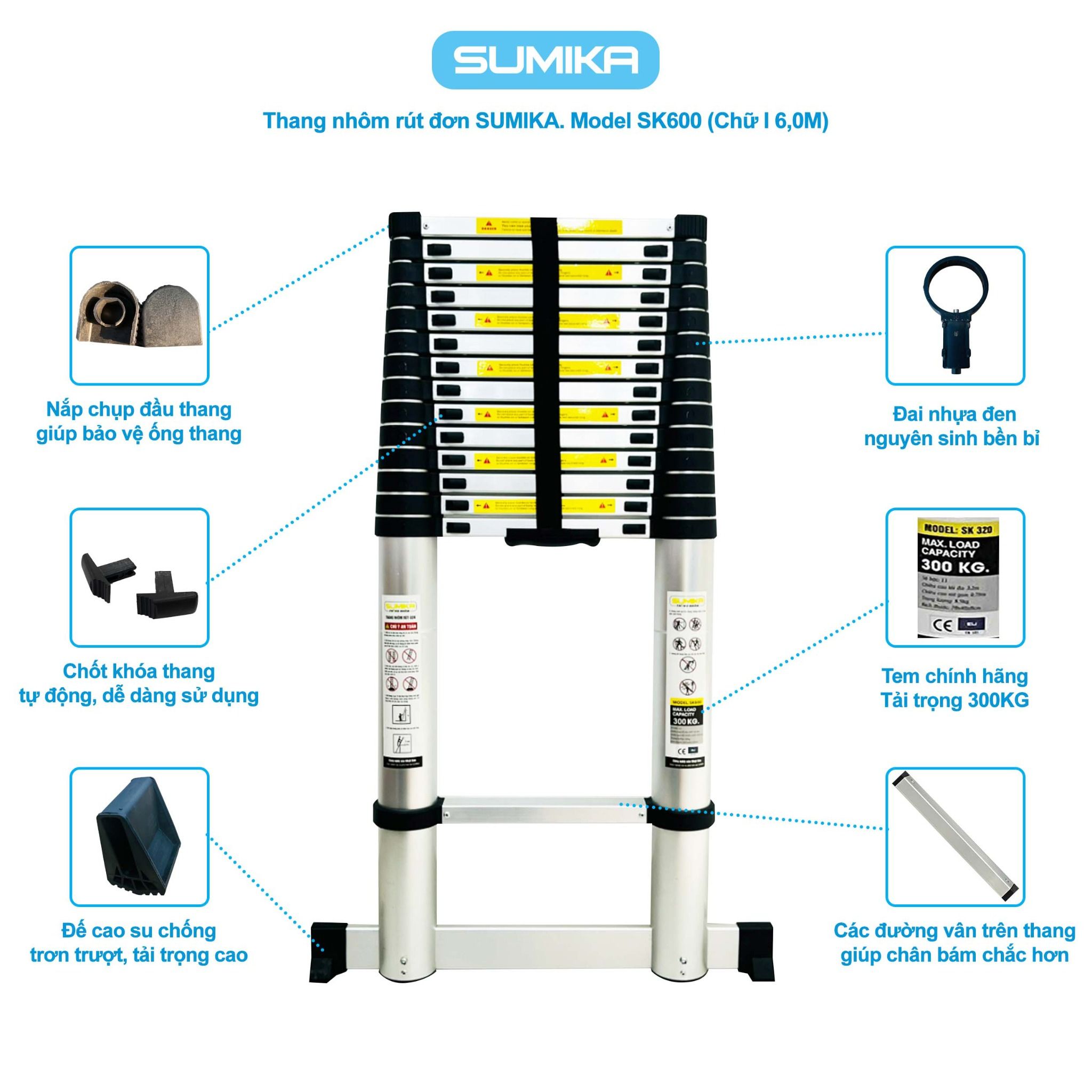 Thang rút nhôm Sumika SK600, đai đen, chiều cao 6.0m