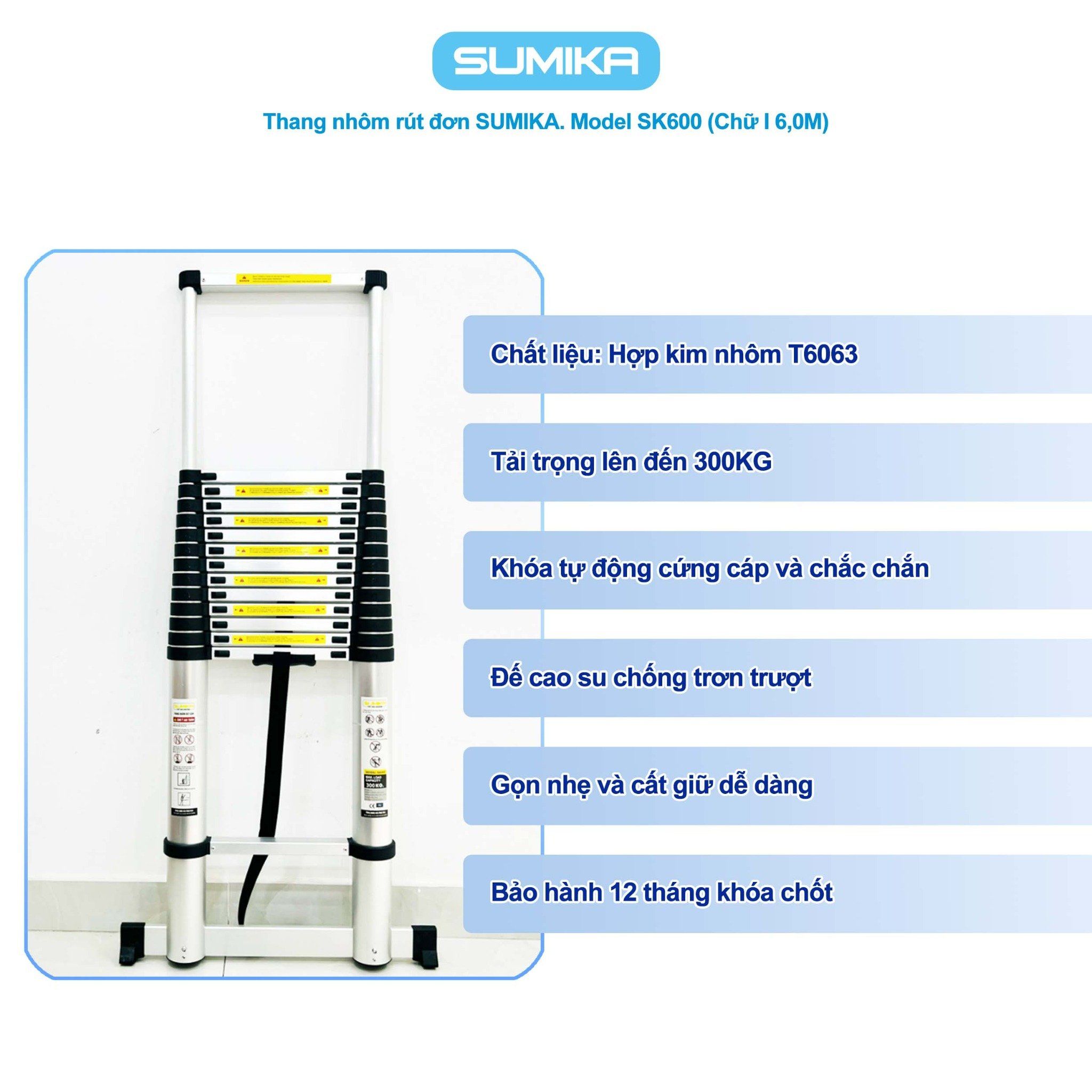 Thang rút nhôm Sumika SK600, đai đen, chiều cao 6.0m