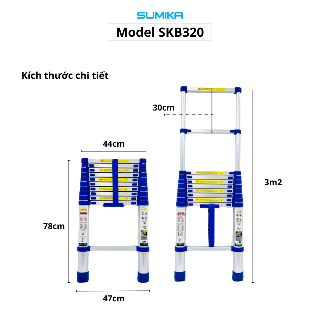 Thang rút nhôm Sumika SKB320, đai xanh, chiều cao 3.2m