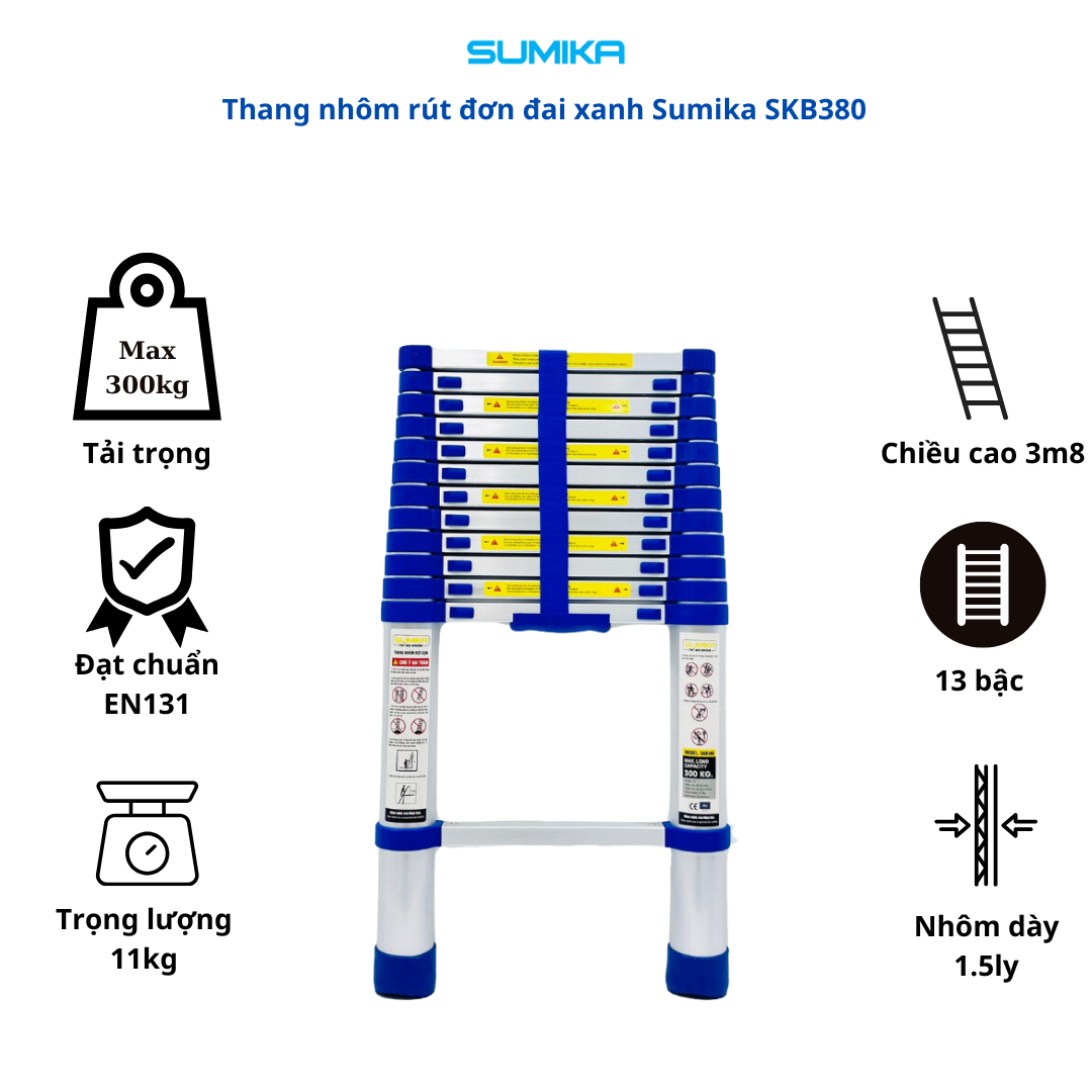 Thang rút nhôm Sumika SKB380, đai xanh, chiều cao 3.8m