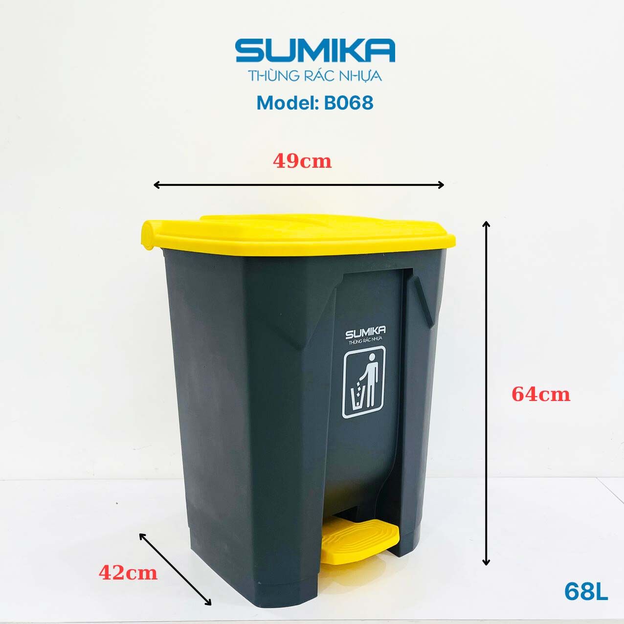 Thùng rác nhựa đạp chân SUMIKA B068, dung tích 68L
