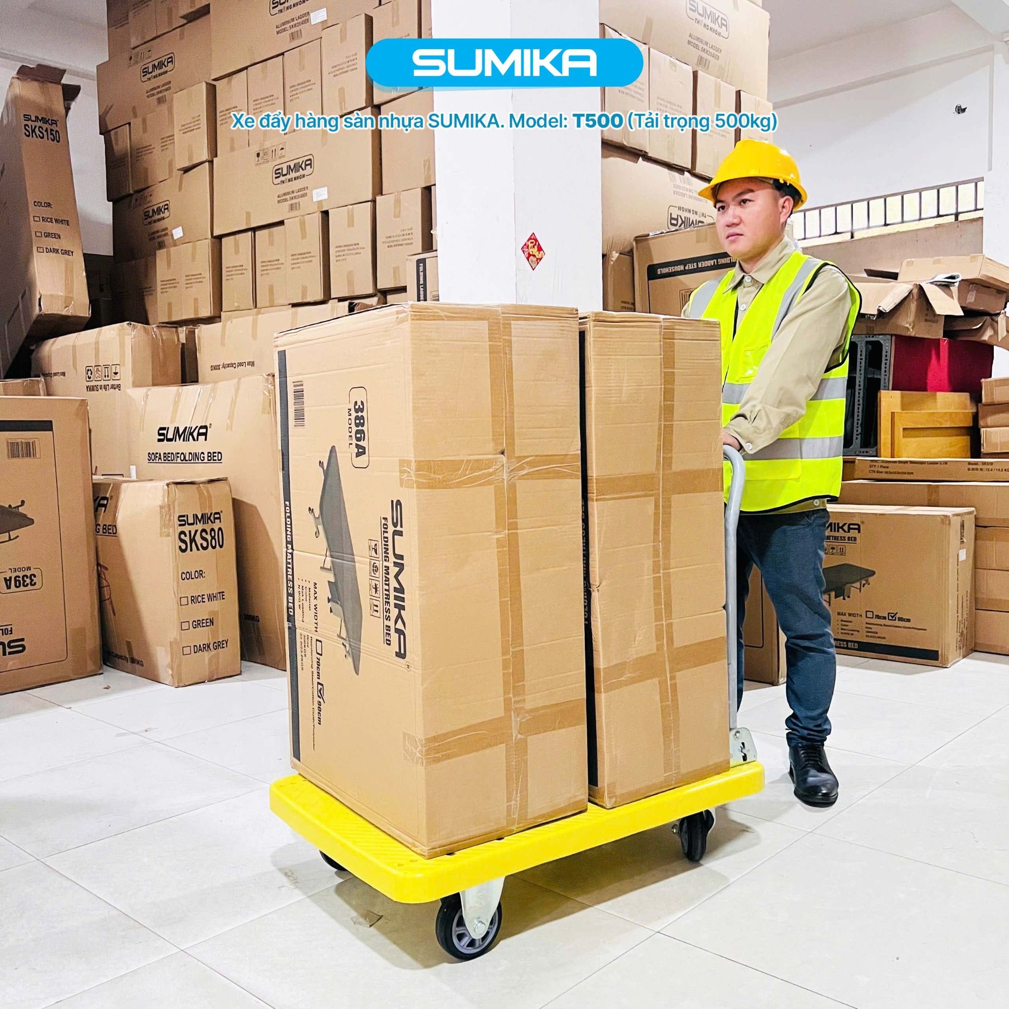 Xe đẩy hàng sàn nhựa SUMIKA T500, tải trọng 500kg