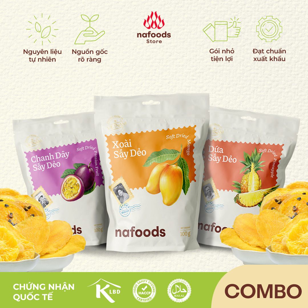  Combo Trọn Vị - Xoài, Chanh leo, Dứa sấy dẻo (3 Túi x 100g) 