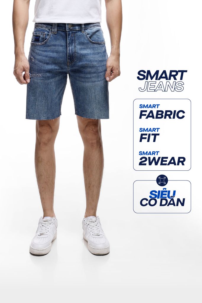 Quần Short Smart Jean Nam Blue Ripped Form Smart Fit