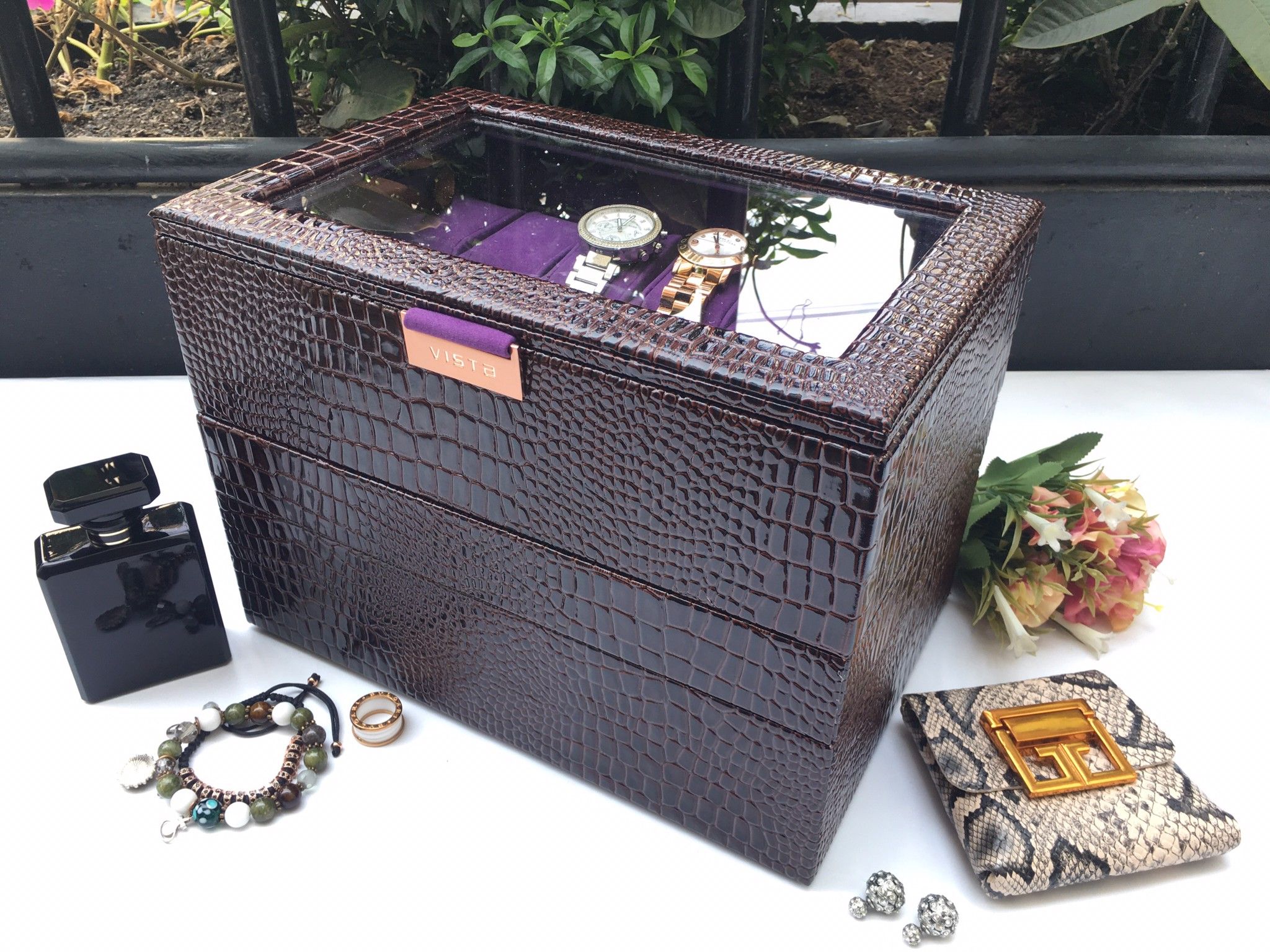 Hộp trang sức đồng hồ 3 tầng ráp khay nâu cá sấu nhung tím