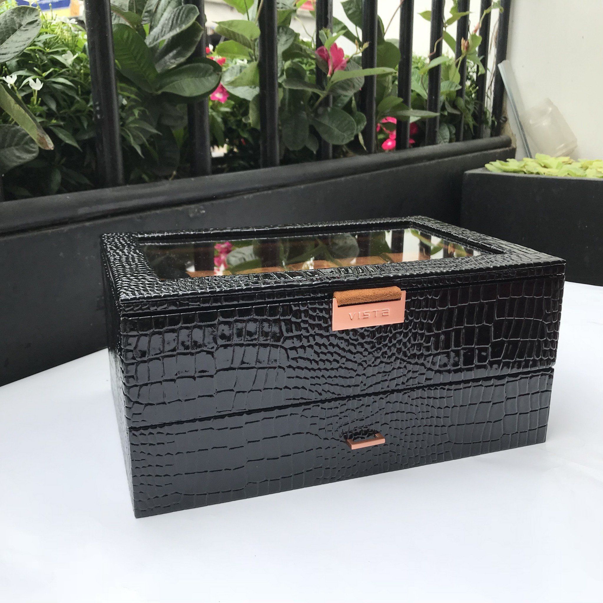 Hộp 12 đồng hồ 2 tầng đen nhung nâu