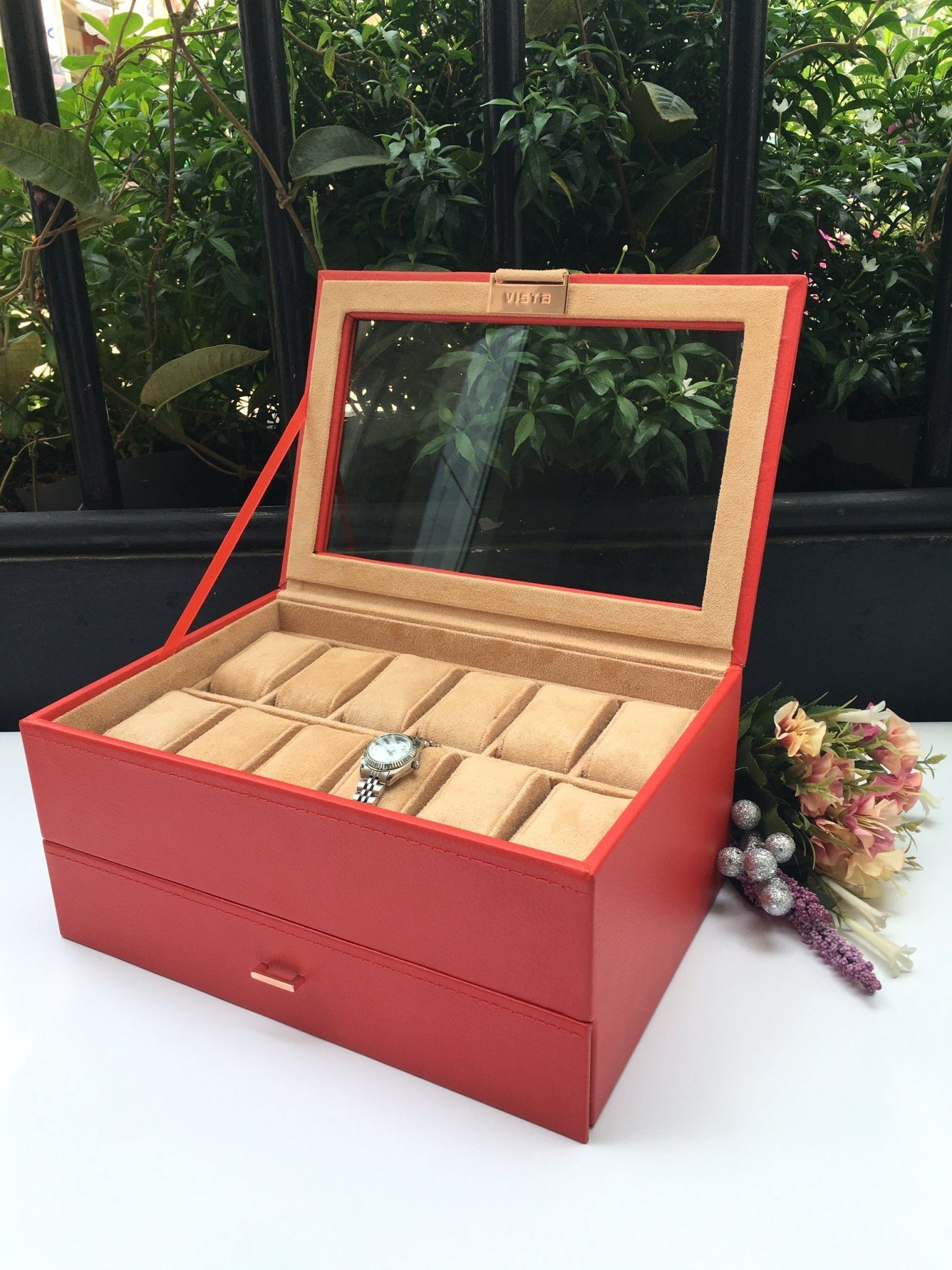 Hộp 12 đồng hồ 2 tầng đỏ