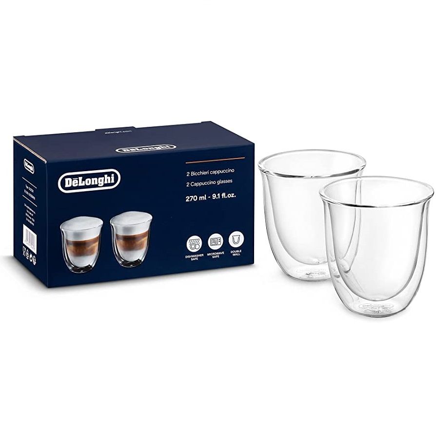 Bộ 2 Cốc thủy tinh 2 lớp cách nhiệt Delonghi 400 ml - Bộ 2 Ly thủy tinh 2 lớp giữ nhiệt 400ml - DeLonghi Double Walled Thermal Glasses