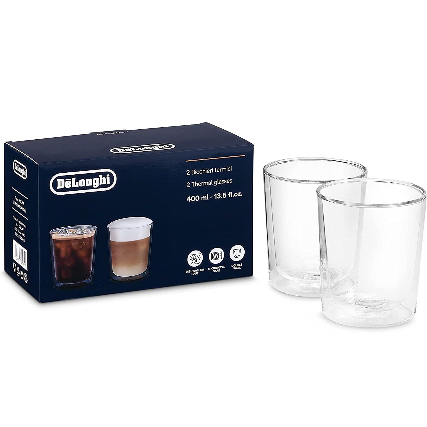 Bộ 2 Cốc thủy tinh 2 lớp cách nhiệt Delonghi 400 ml - Bộ 2 Ly thủy tinh 2 lớp giữ nhiệt 400ml - DeLonghi Double Walled Thermal Glasses