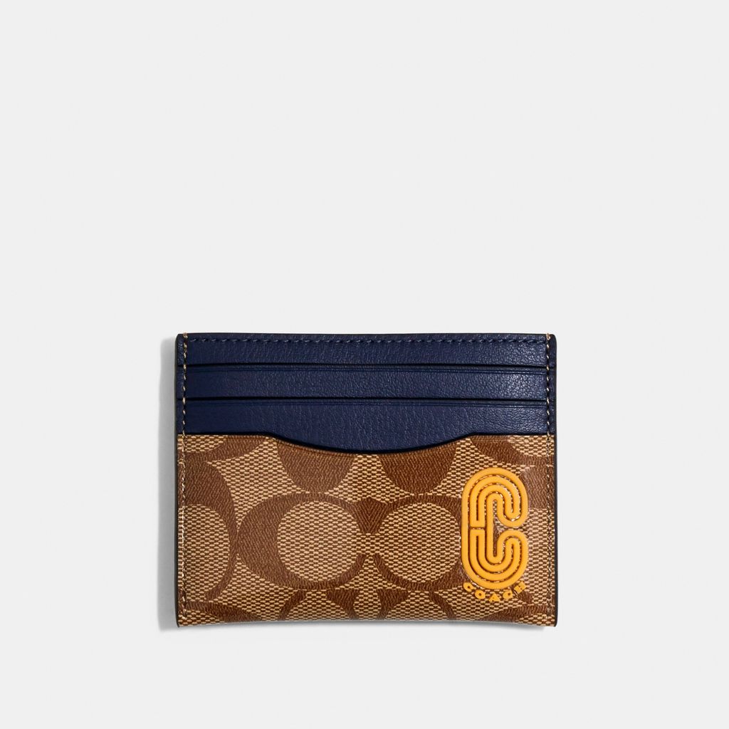 Coach Slim Card Case In Colorblock Signature Canvas With Coach Patch - Navy/Tan