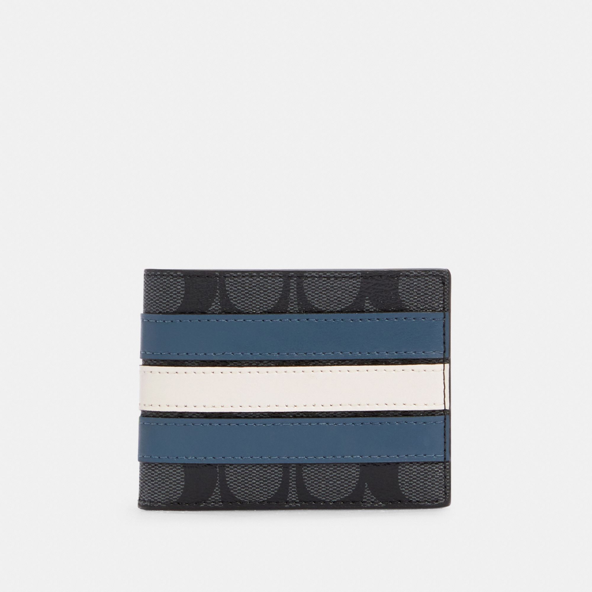Coach Slim Billfold Wallet In Signature Canvas With Varsity Stripe - Charcoal / Denim