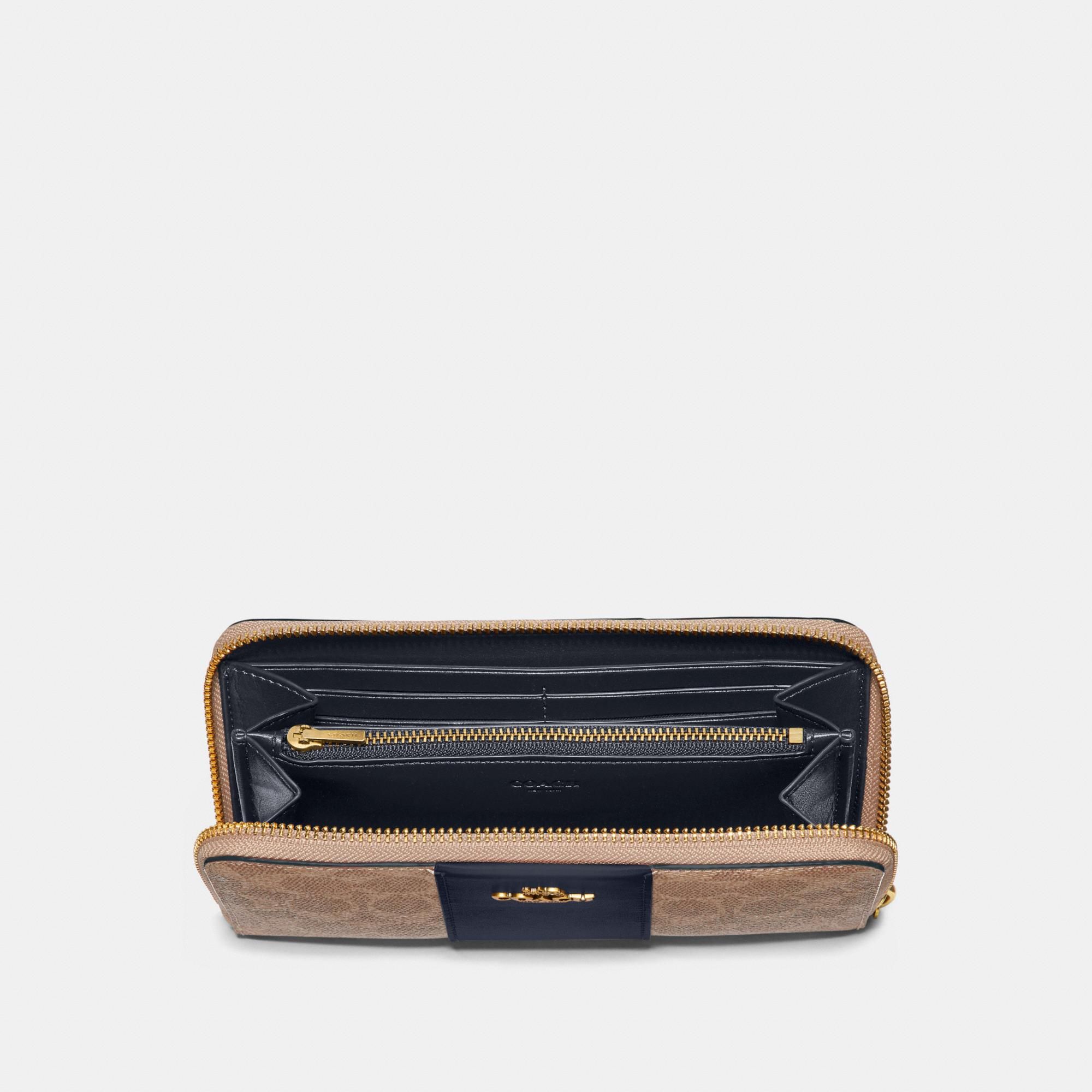 Coach Accordion Zip Wallet In Colorblock Signature Canvas 'Tan/Ink'