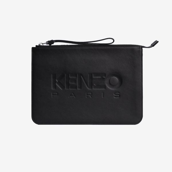  KENZO Embossed Logo Large Leather Clutch - Black 