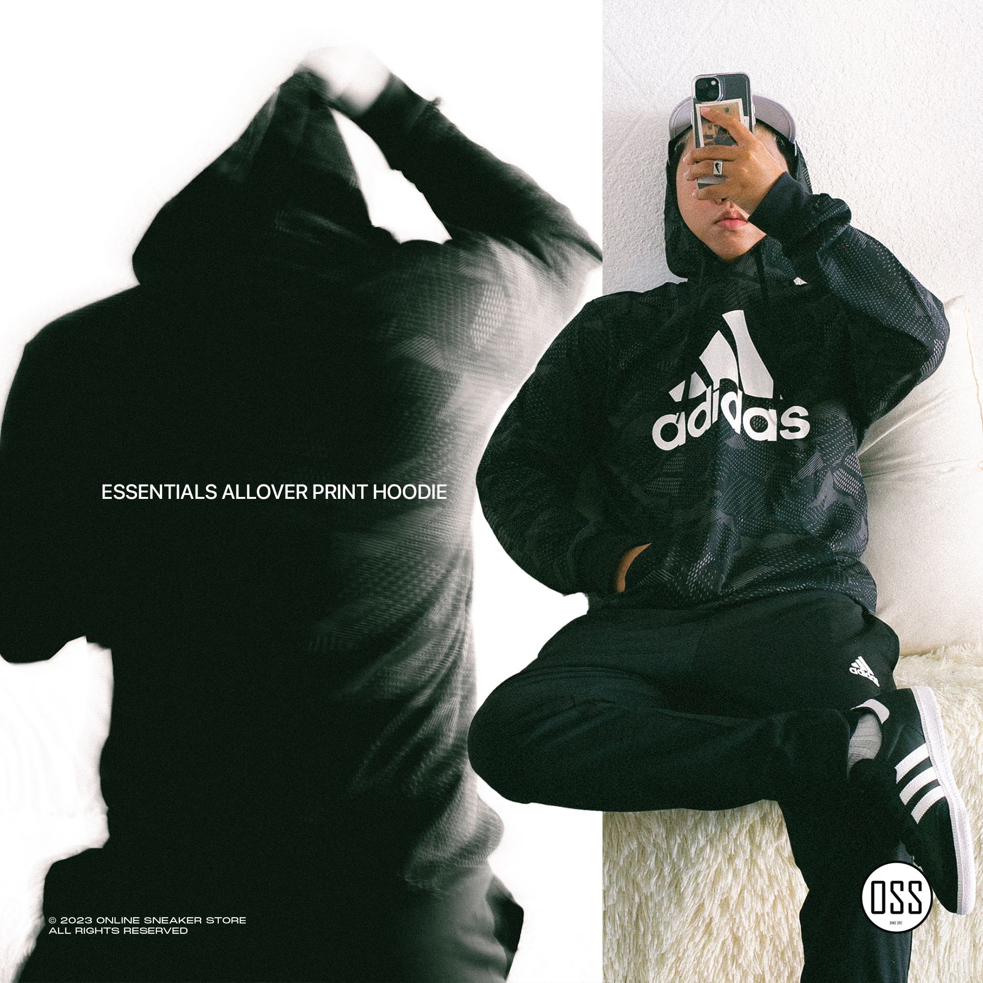 adidas Essentials Allover Print Hoodie - Black