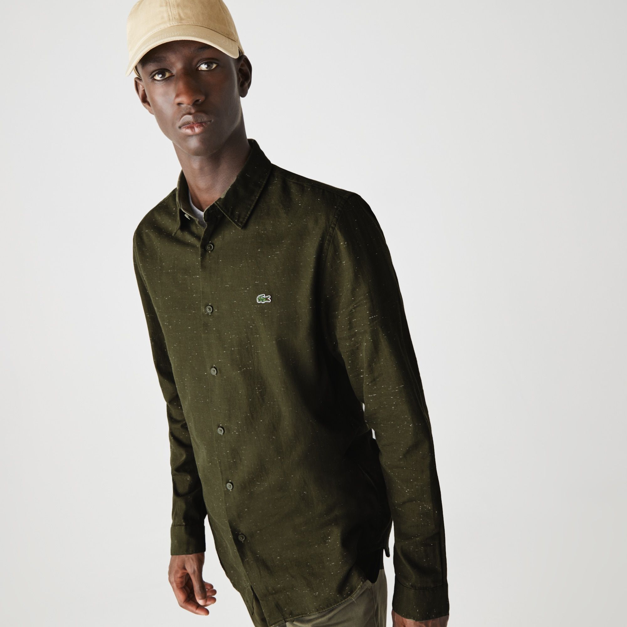  Lacoste Slim Fit Flamed Cotton Shirt - Khaki Green (Slim) 