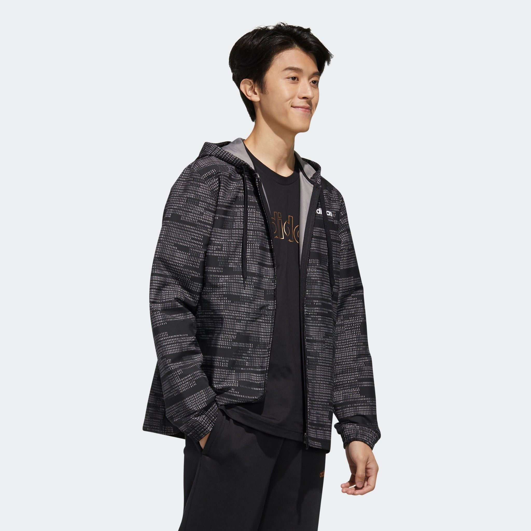 adidas Essentials Allover Print Windbreaker 'Black'